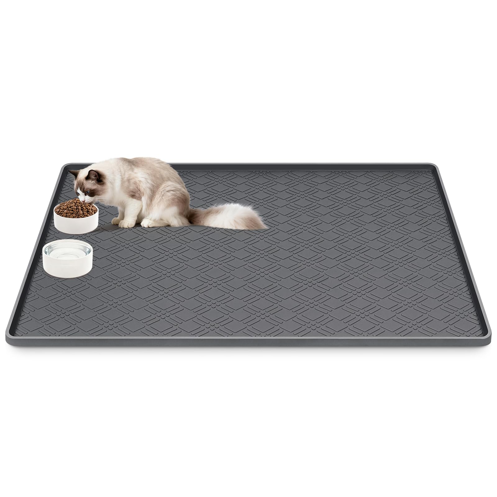 Katzenfuttermatte, 106,7 x 73,7 cm, große Silikonmatte, Katzenfuttermatte mit erhöhtem Rand, rutschfeste Futtermatte für Futter- und Wassernapf, leicht zu reinigen, Bodenschutz (Dunkelgrau)