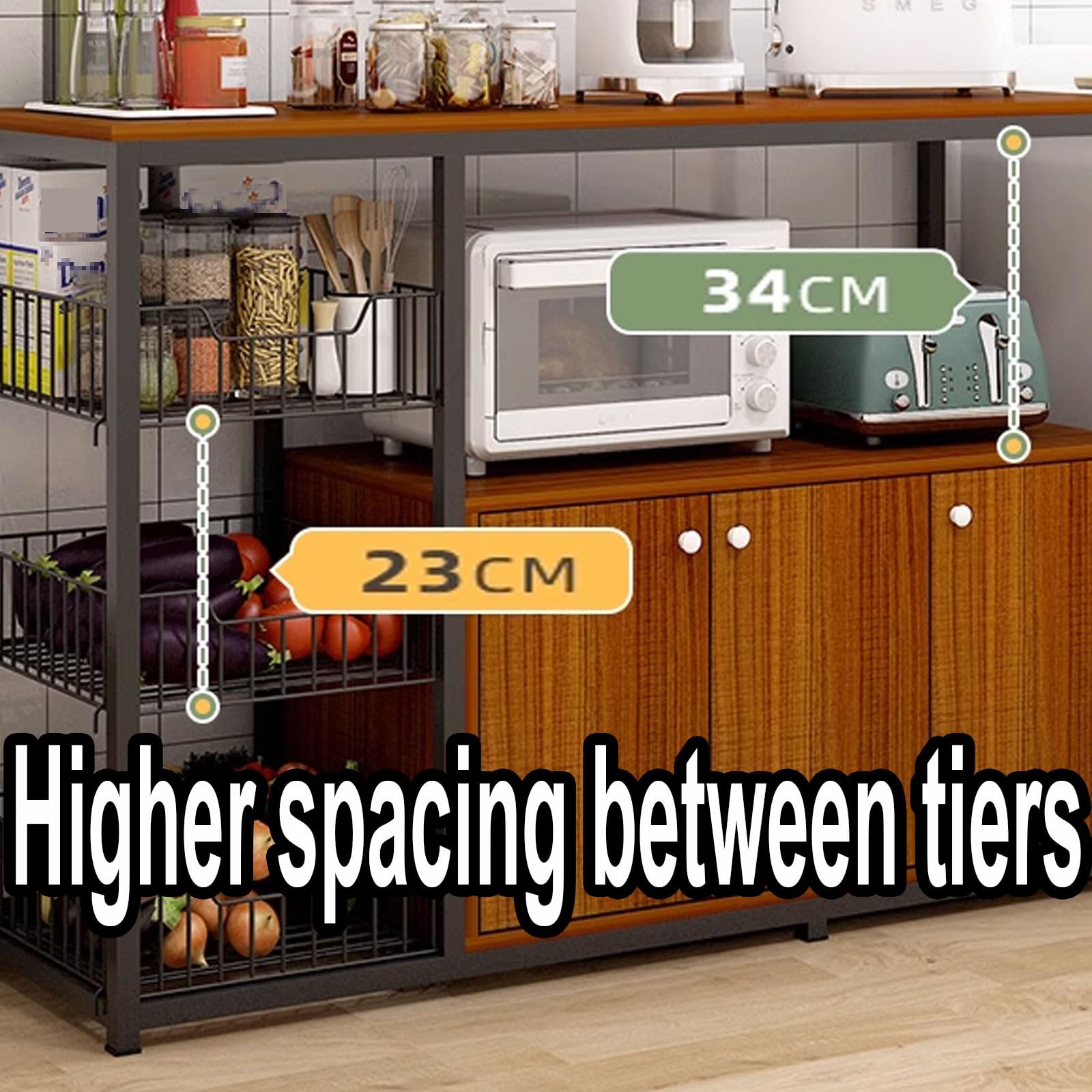 Scaffale Cucina Microonde Realizzato in MDF Con Tubi in Acciaio Scaffale per Panettieri Da Cucina Con Tavolo Operativo E Cesto in Metallo Risparmio Di Spazio(B,100 * 30 * 139CM)