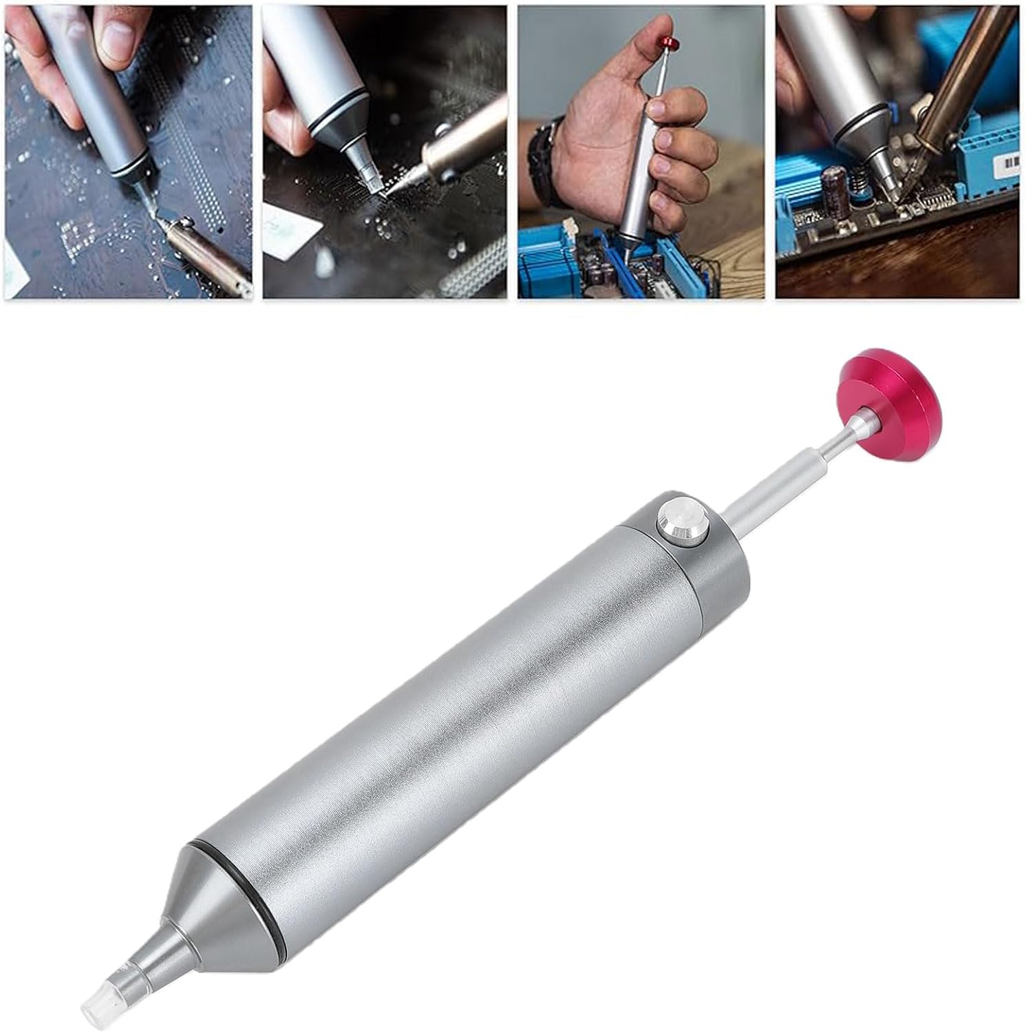 Fafeicy Industrial Desoldering Pump Manual Solder Sucker with Anti Clogging Silicone Tip, Spring Loaded Soldering Sucker Tool for PCB Repair Gray