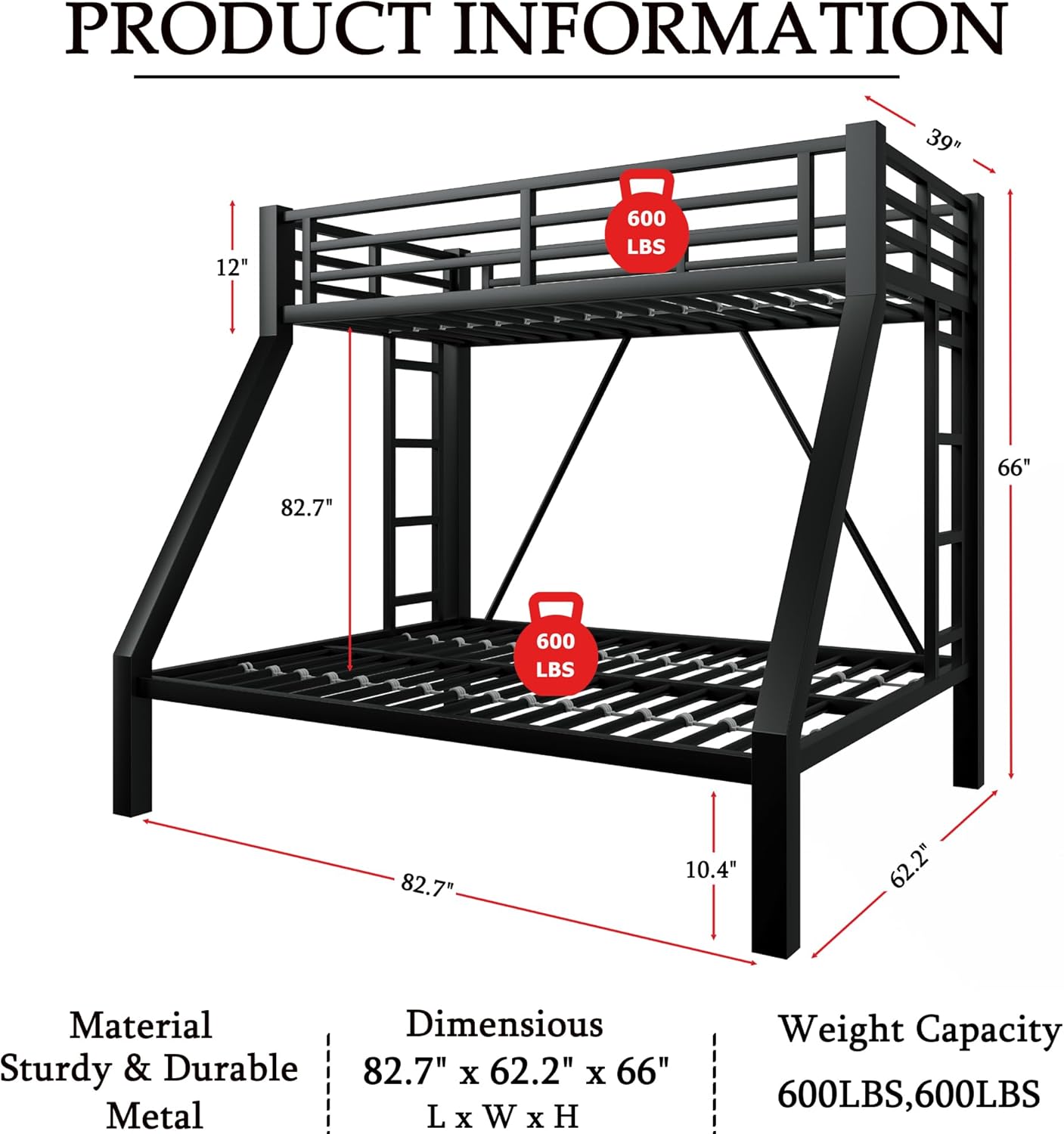 Heavy-Duty Metal Twin XL Over Queen Bunk Bed with 2 Ladders,Higher Quality Metal Bunk Bed Queen Size for Boys Girls Teens Adults,No Box Spring Needed,Weight Capacity 600LBS (Black)