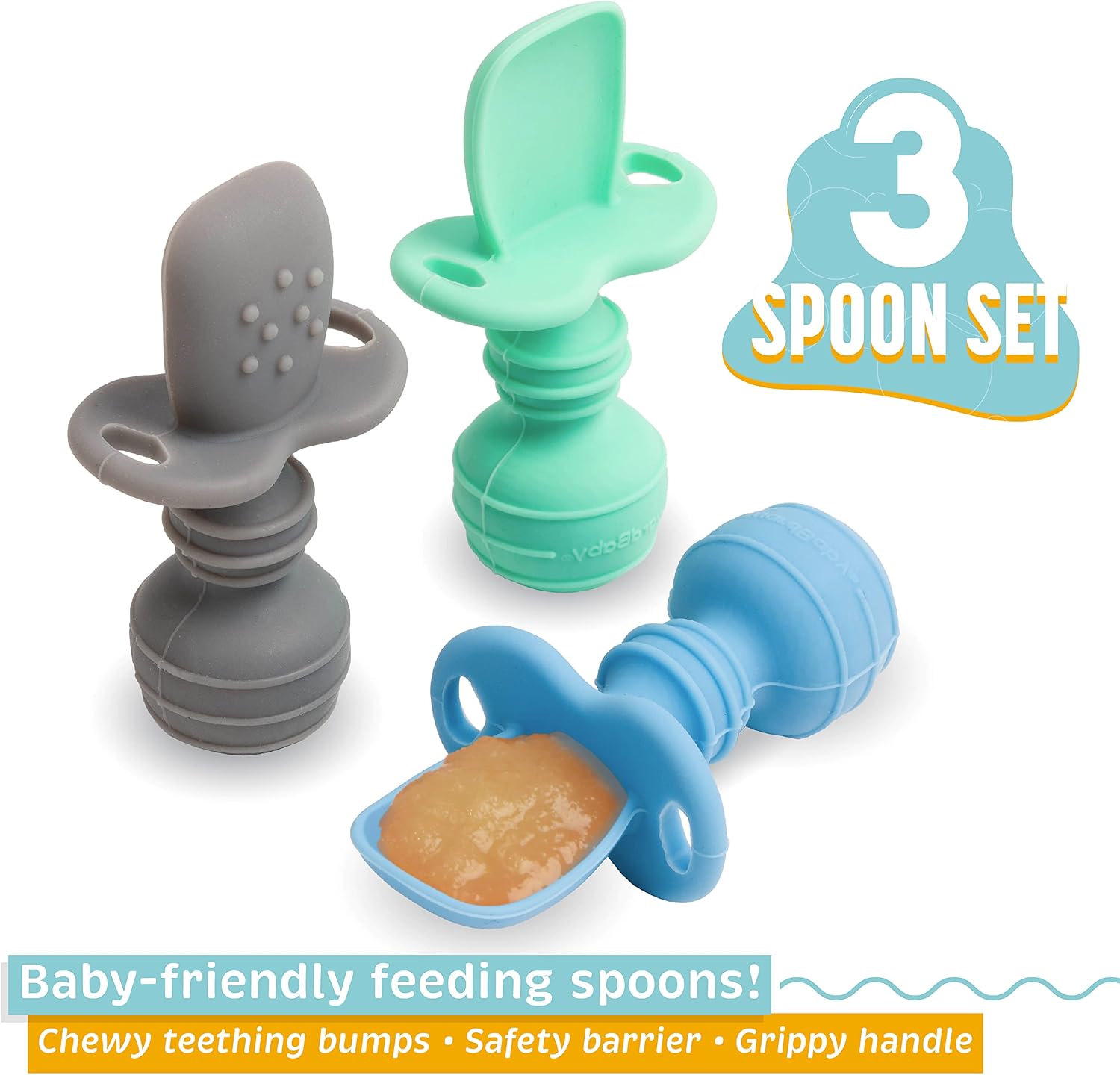 Upward Baby Spoons 3 pack - Self Feeding 6 Months - Chewable Toddler Utensils with Anti Choke Barrier - Silicone Baby Utensils & Baby Feeding Supplies Infant First Stage