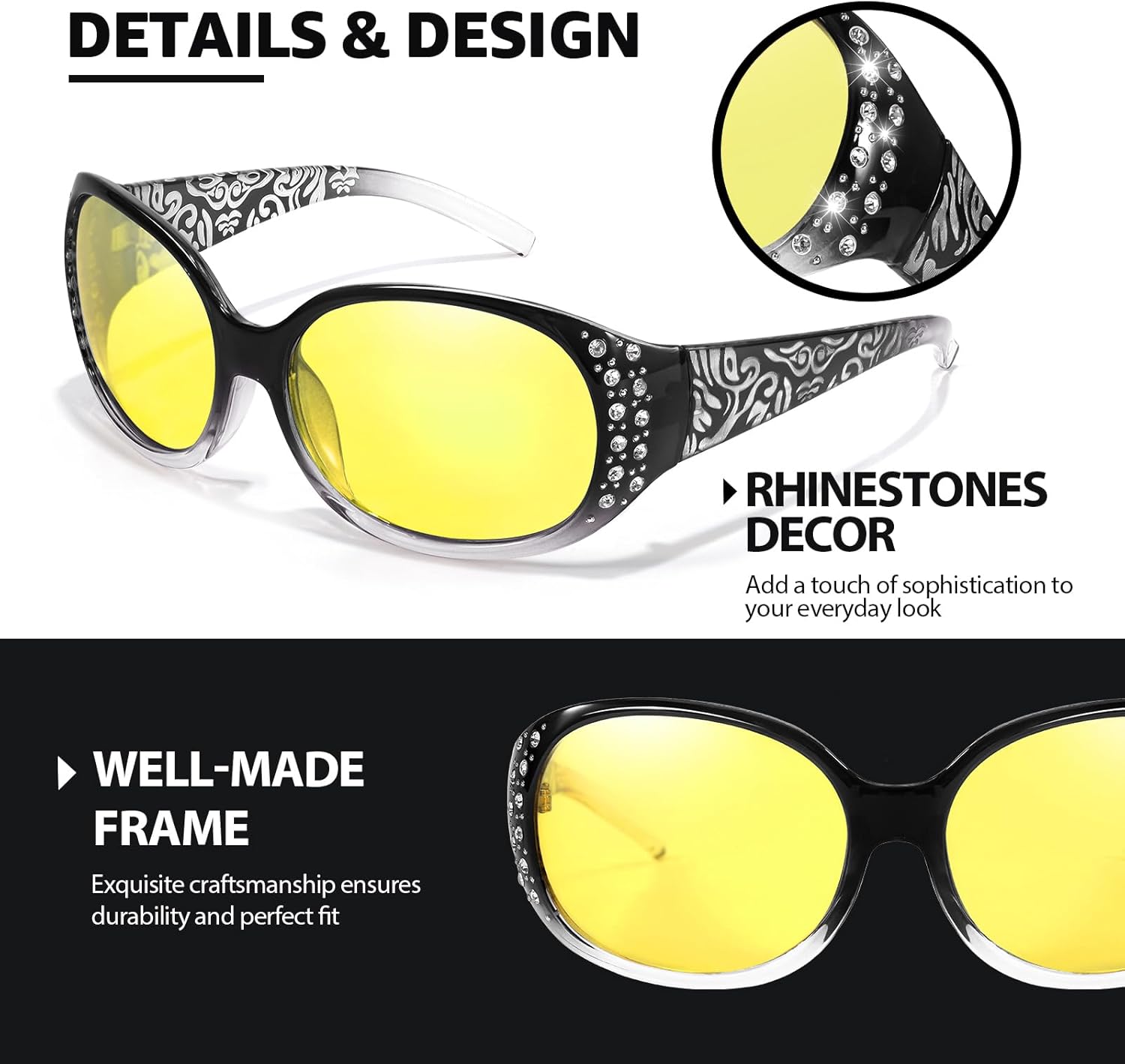 TJUTR Women's Night Vision Driving Glasses – Polarized Yellow Lens, Anti-Glare Nighttime Eyewear for Safer Driving TN2508 (Gradient Black) - Image 6