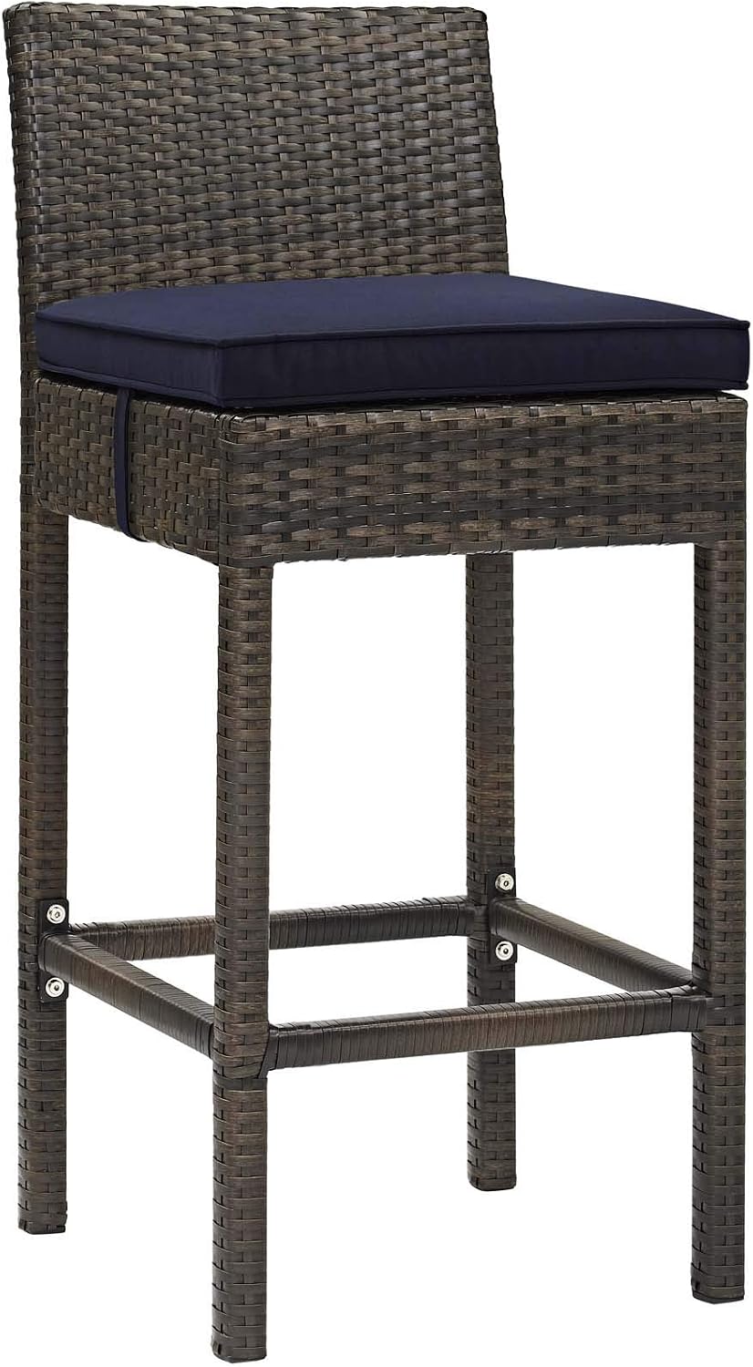 Modway Conduit Wicker Rattan Outdoor Patio Bar Stool with Cushion in Brown Navy