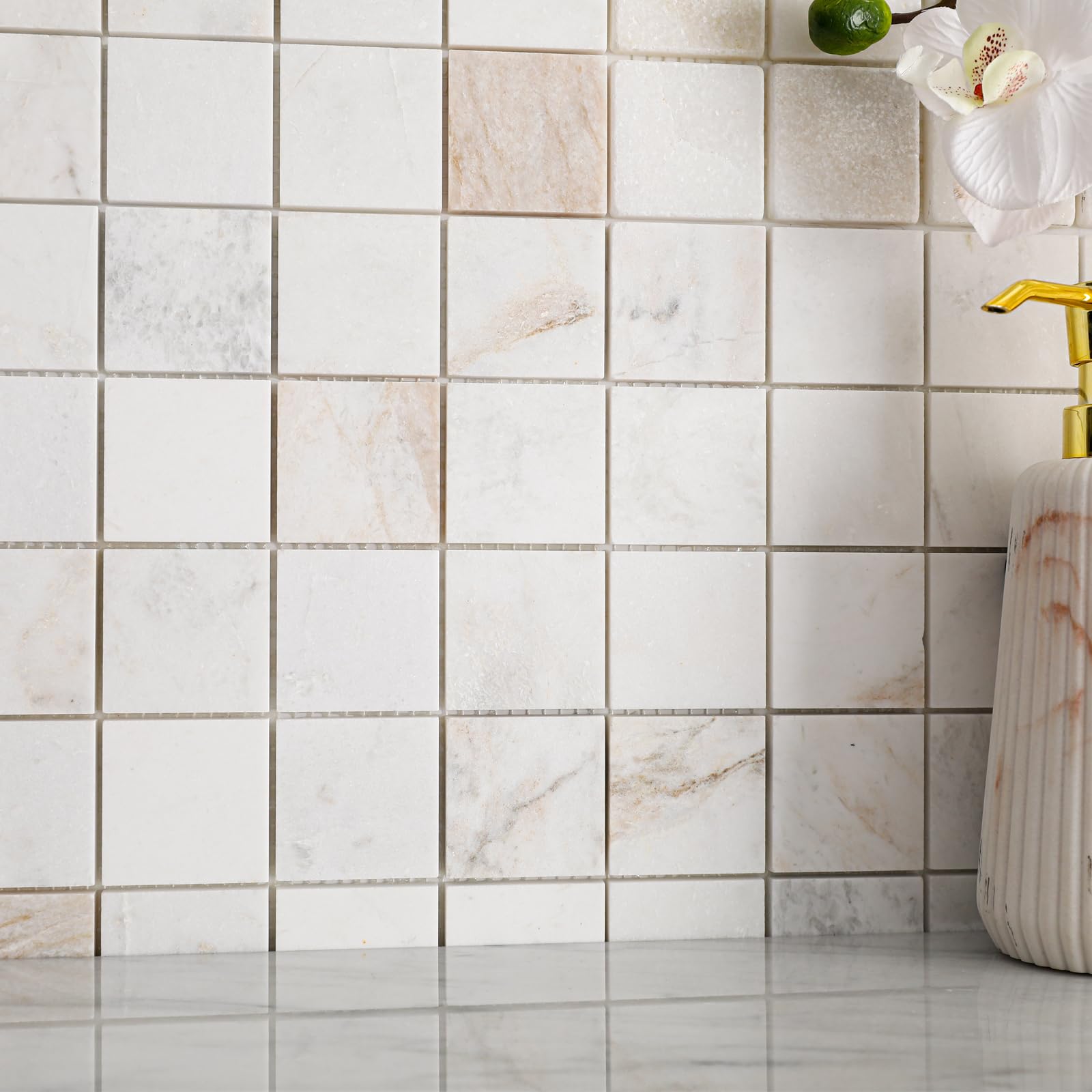 Diflart Azulejo de mosaico de mármol natural Bianco Orion cuadrado 2x2 pulg pulido 5 hojas