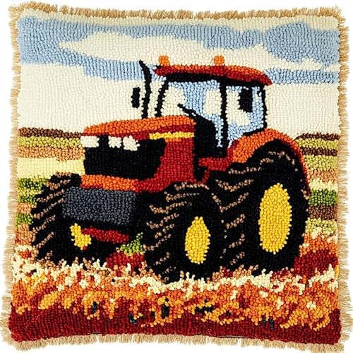 ANSIWEIGO Farm Landscape DIY Rug Pillow Cover Latch Hook Cushion Kits,Tractor,Needlework Pillow Cover Sofa Cushion Rug Making Kits,DIY Craft Gift,17x17 inches