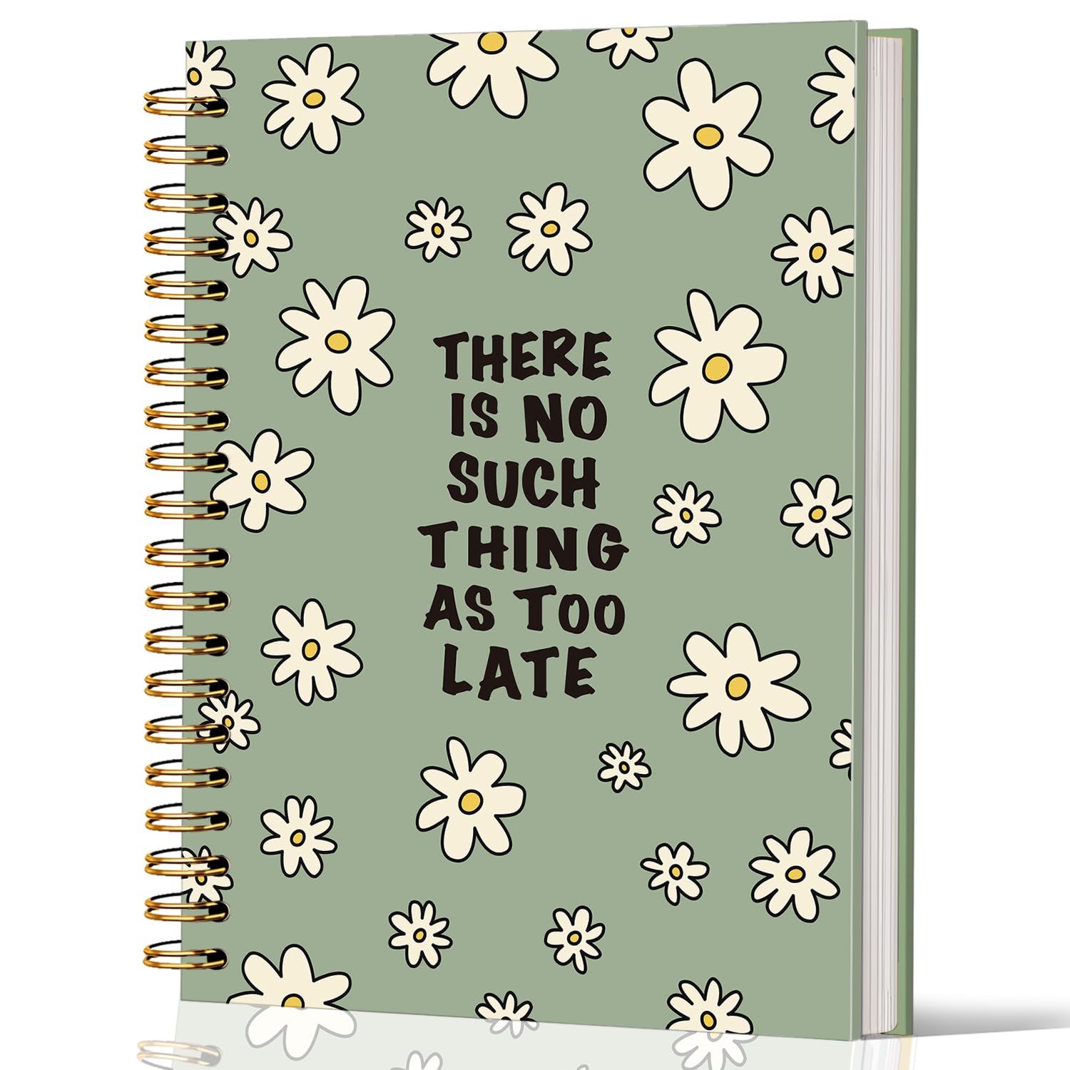Lacama Green Inspirational Notebooks, Cute Floral Journaling Notebooks for Women, 160 Pages, 5.5"x8.3" Hardcover Spiral Notebook, School Office Supplies, There Is No Such Thing As Too Late Notebook