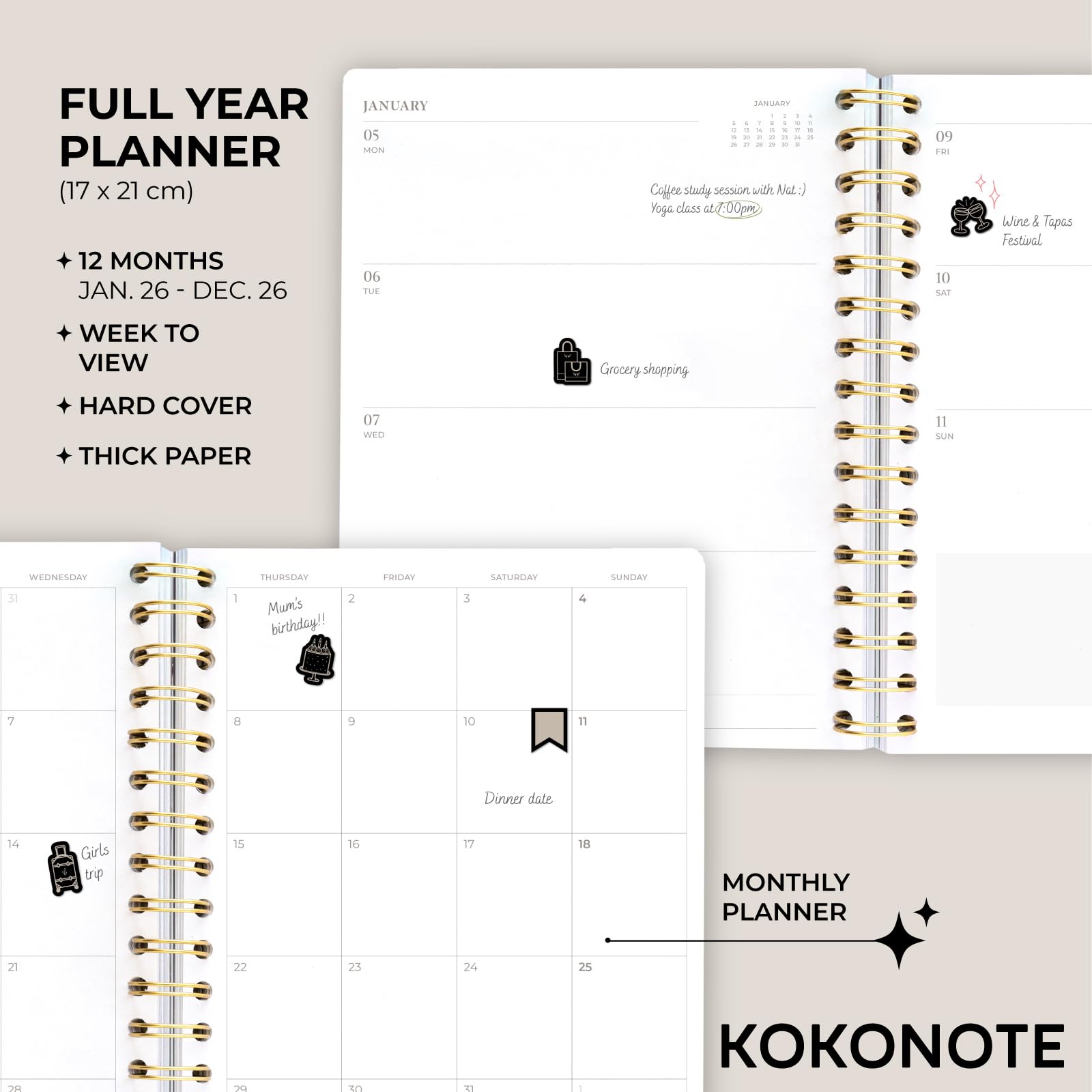 Kokonote Diary 2026 Week To View - Self Care Club | Weekly Planner 2026 With Diary Stickers, Pocket, Bookmarks, January 2026 - December 2026 | Aesthetic Stationery Gifts For Women & For Men