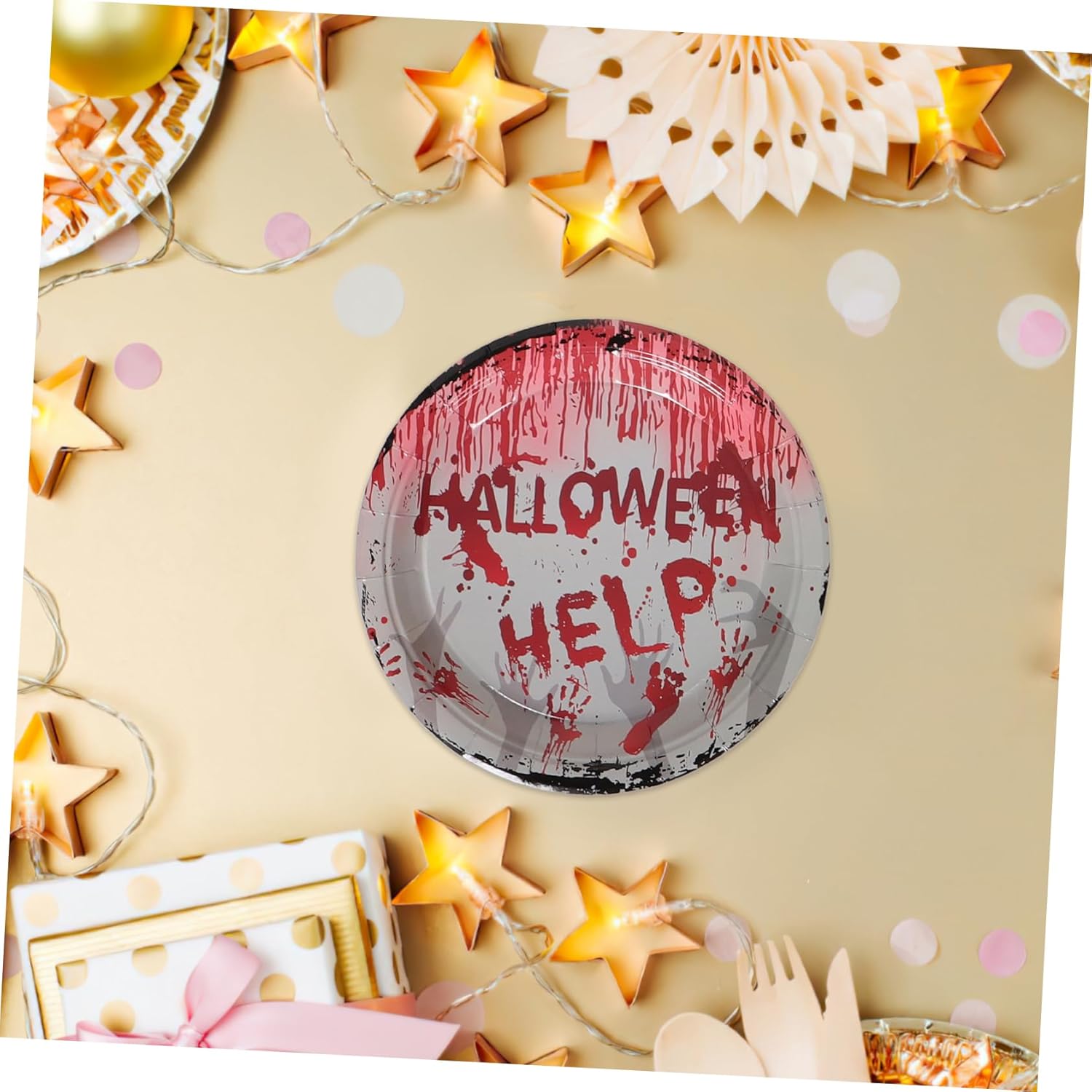 1set Halloween Bloody Handprints Party Tableware Kit Disposable Plates Paper Cups Cutlery Napkins Tablecloth for Spooky Halloween Celebrations Complete Set for Boys and Girls and