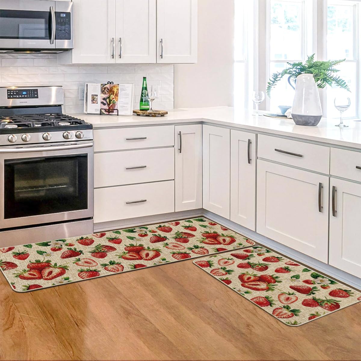 Artoid Mode Strawberry Spring Kitchen Mats Set of 2, Home Decor Low-Profile Kitchen Rugs for Floor - 17x29 and 17x47 Inch