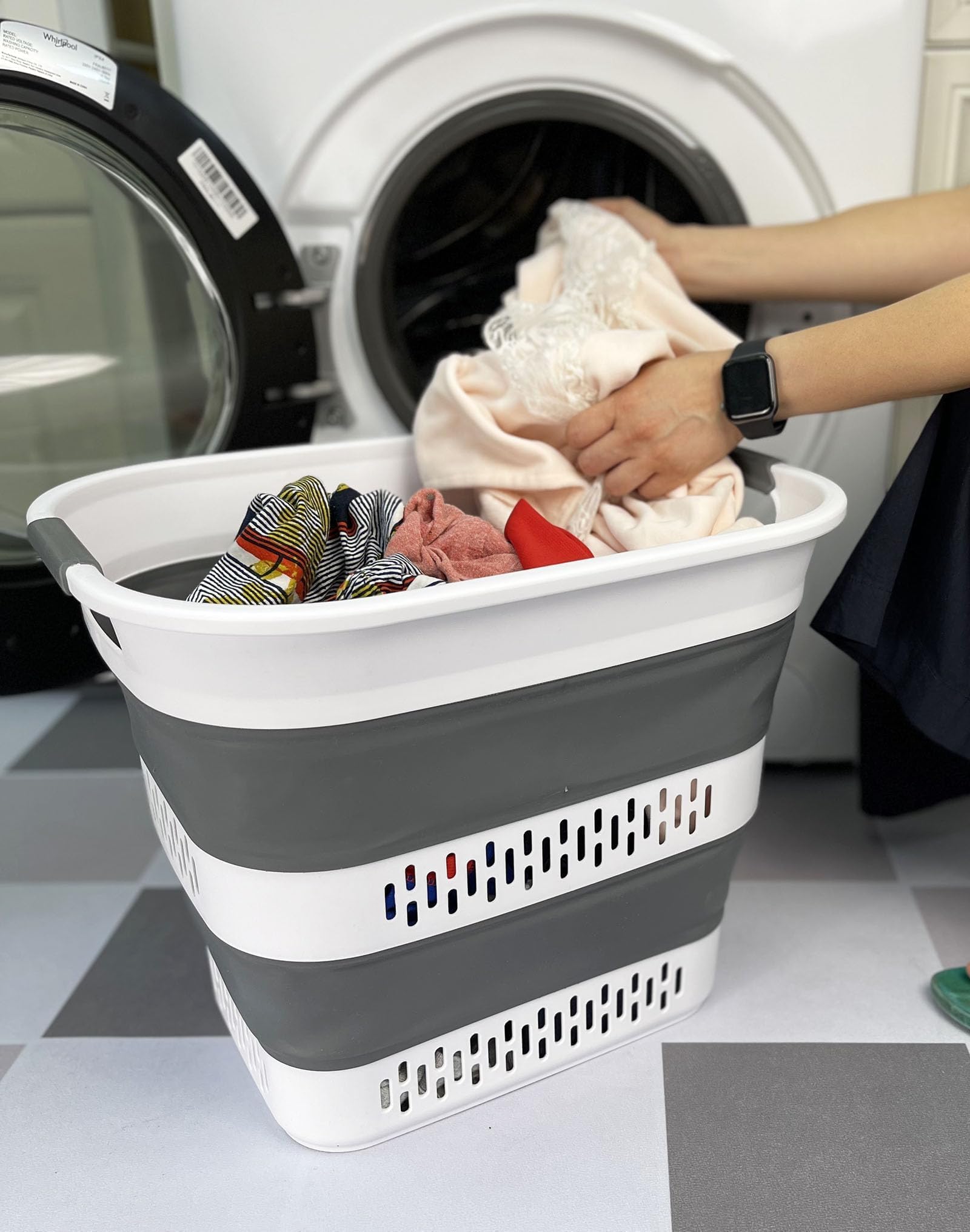SAMMART Zusammenklappbarer Wäschekorb aus Kunststoff, 40 l, faltbarer Pop-Up-Aufbewahrungsbehälter/Organizer, tragbarer Wäschesammler, platzsparend (1, Weiß/Stahlgrau)