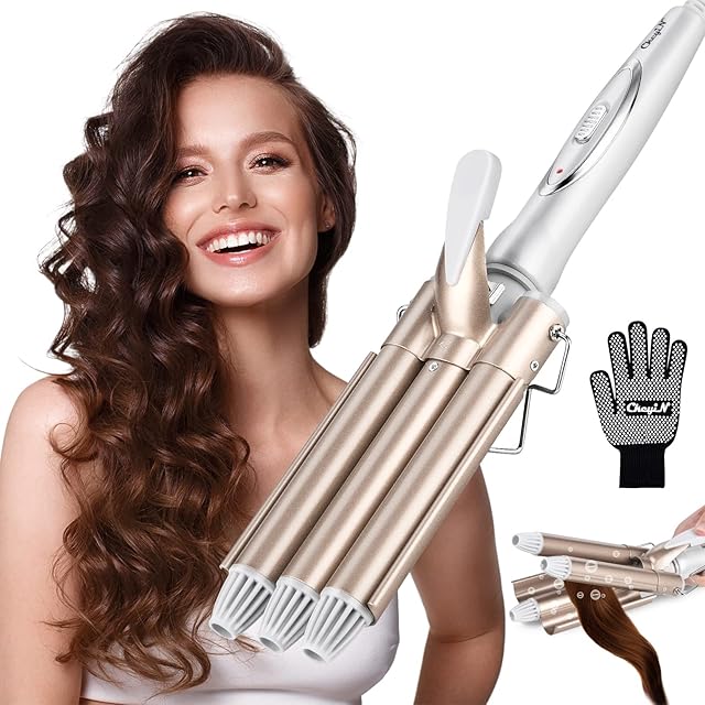 CkeyiN 3 Barrel Curling Wand, 22mm Ceramic Tourmaline Triple Barrel Mermaid Hair Waver for Long Short Hair, Professional Hair Styling Irons Mermaid Waver with Anti-Scald Glove