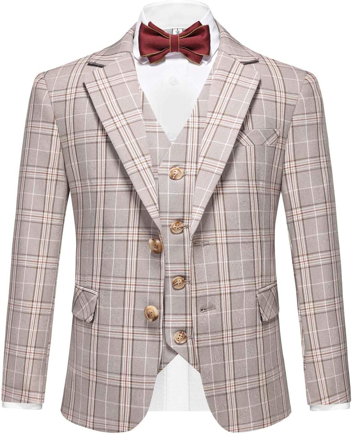 Boys Suits Checkered Tuxedo 3 Piece Slim Fit Notched Lapel Formal Suit Jacket Vest Pant for Kids Wedding Party