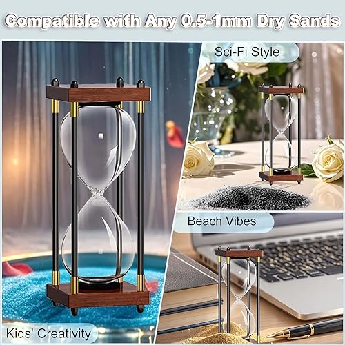 Miniatura 9 de Gafas de hora con arena, 60 minutos reloj grande de madera con temporizador de arena de 10 pulgadas, reloj de arena de 1 hora, reloj de arena