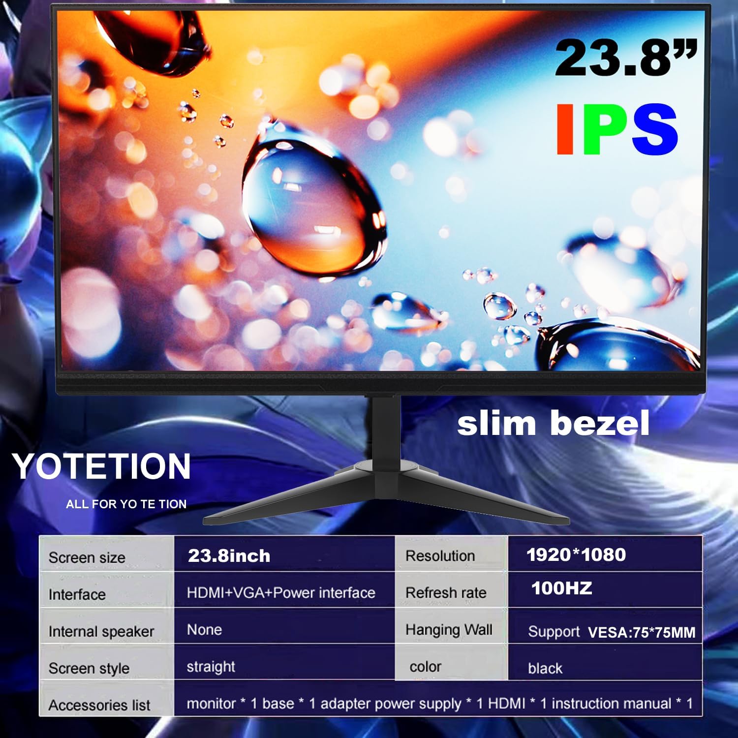 24 inch HD (1920 x 1080) Monitor, 100Hz Refresh Rate, HDMI x1, Small Thin Monitor for laptops, Computers and desktops,LED Display, VGA/HDMI Connection. VESA:75 * 75MM