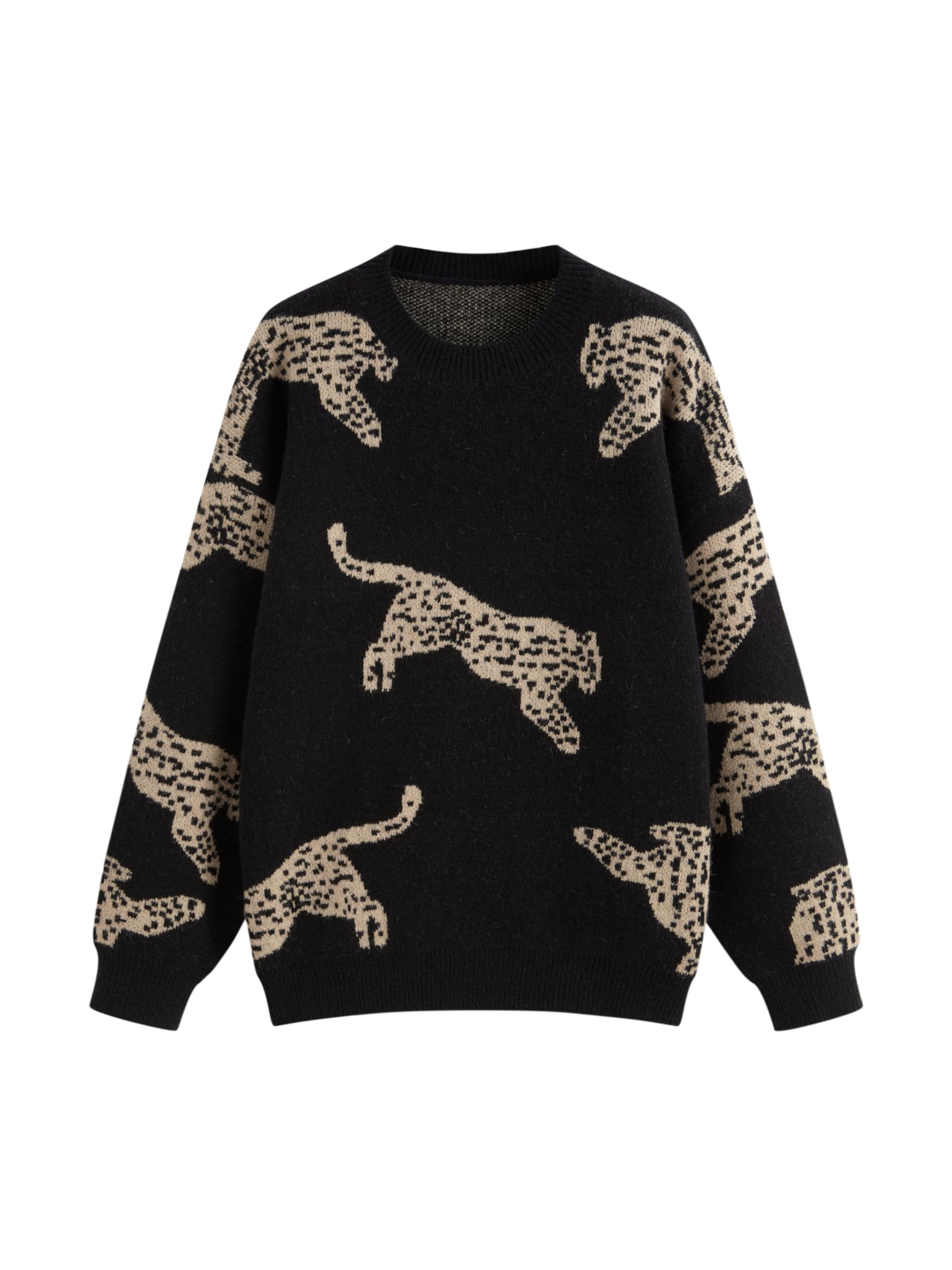 CIDER Womens Leopard Crew Neck Long Sleeve Boho Knit Sweater Casual Pullover Fall Sweater