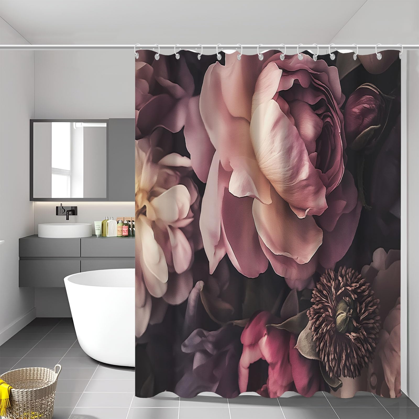 Rideau de douche rose pivoine en tissu polyester 150x180cm