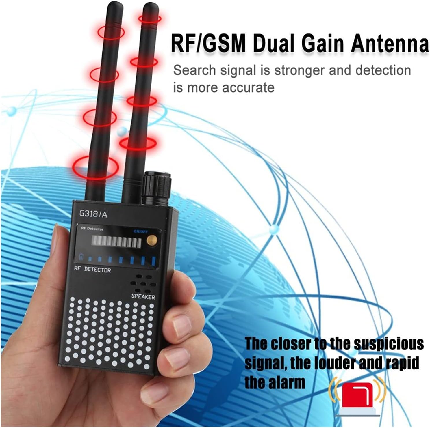 G318A detector demonstrating RF/GSM dual gain antenna and alarm mechanism