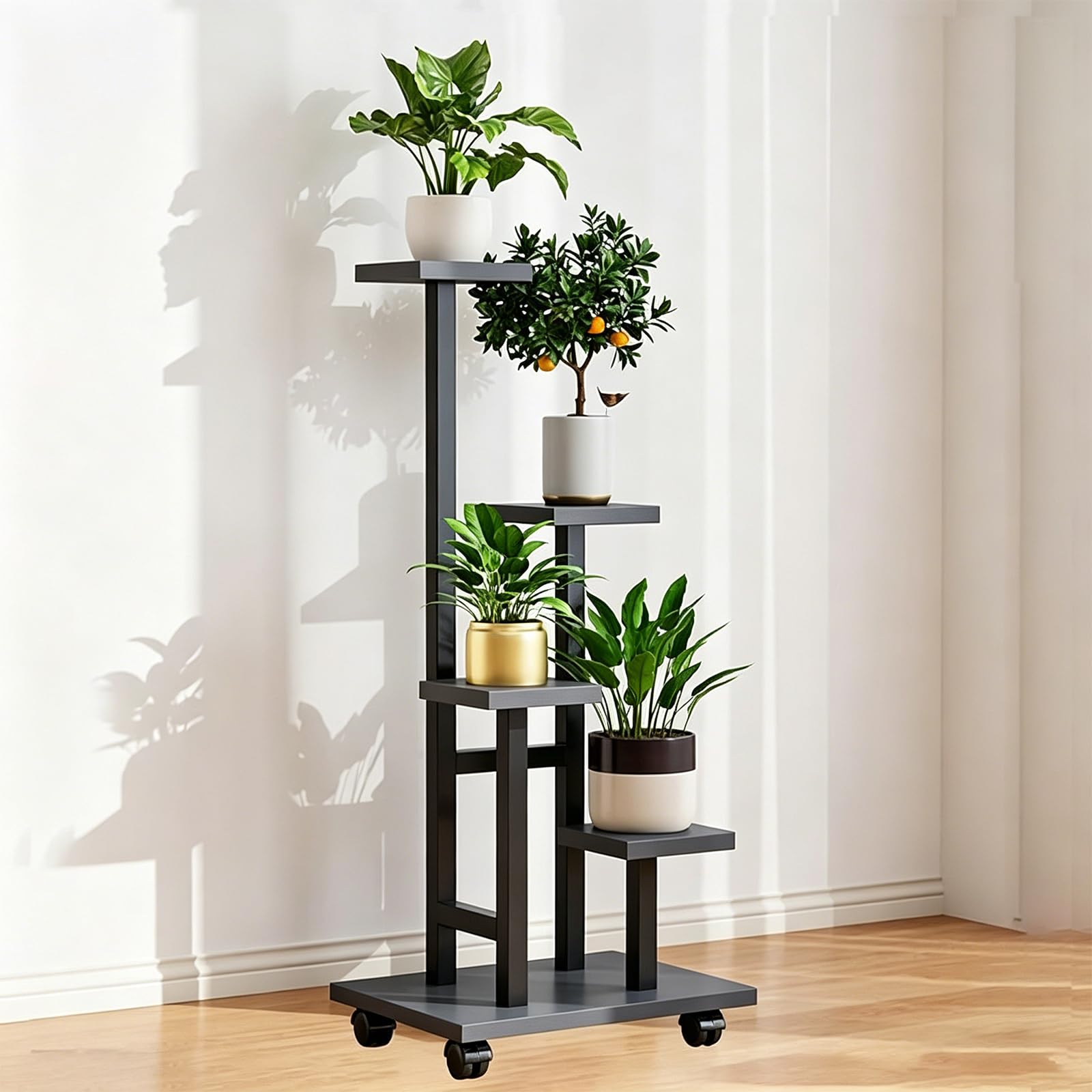 ATRBNCX 4 Tier Rolling Plant Stand Indoor, Heavy Duty Metal Frame With Wooden Shelves, Space-Saving Corner Flower Holder For Garden, Porch & Living Room(Color:Gray)