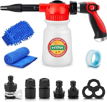 MYPIN New Rotary Dial 16 in 1 Car Wash Foam Gun, Foam Cannon, Adjustable Hose Wash Sprayer with 2.5-6 Bars Foam Blaster, with Nozzles, Wash Mitten &Towel, with 1/2 Quick Connector for Car Cleaning