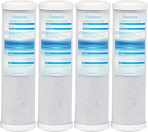 Geekpure Cartucho de filtro de repuesto de bloque de carbono de 10 pulgadas para sistema de filtración de agua RO -2.5 "x 10" -5 Micron-Pack 4