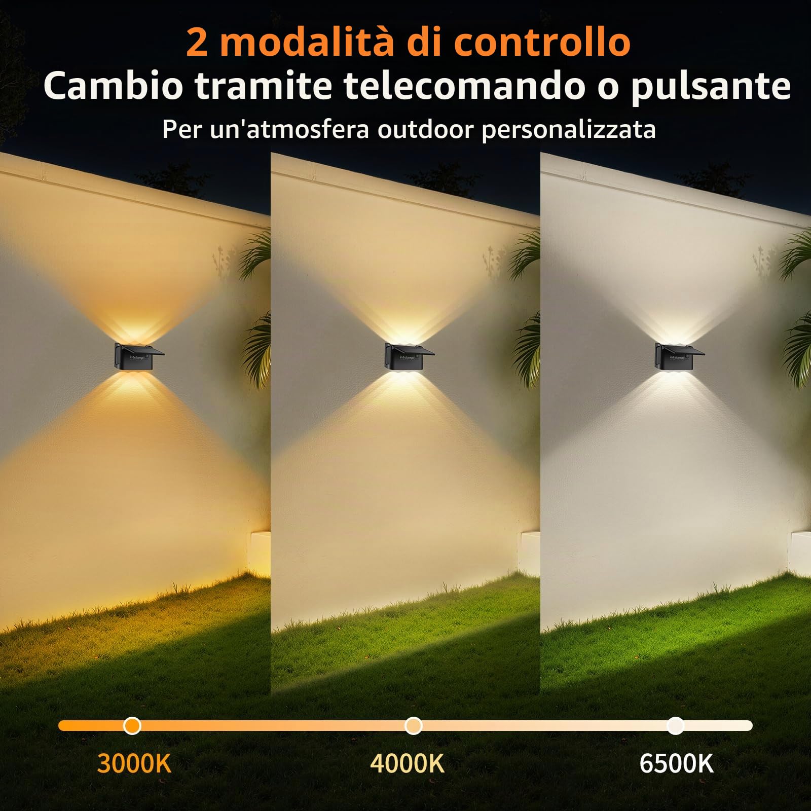 INTELAMP Lampada da parete solare per esterni, lampada da parete solare con telecomando, lampada da parete UP Down, IP67, impermeabile, per giardino, balcone, terrazza, scale, 3 colori di luce (bianco