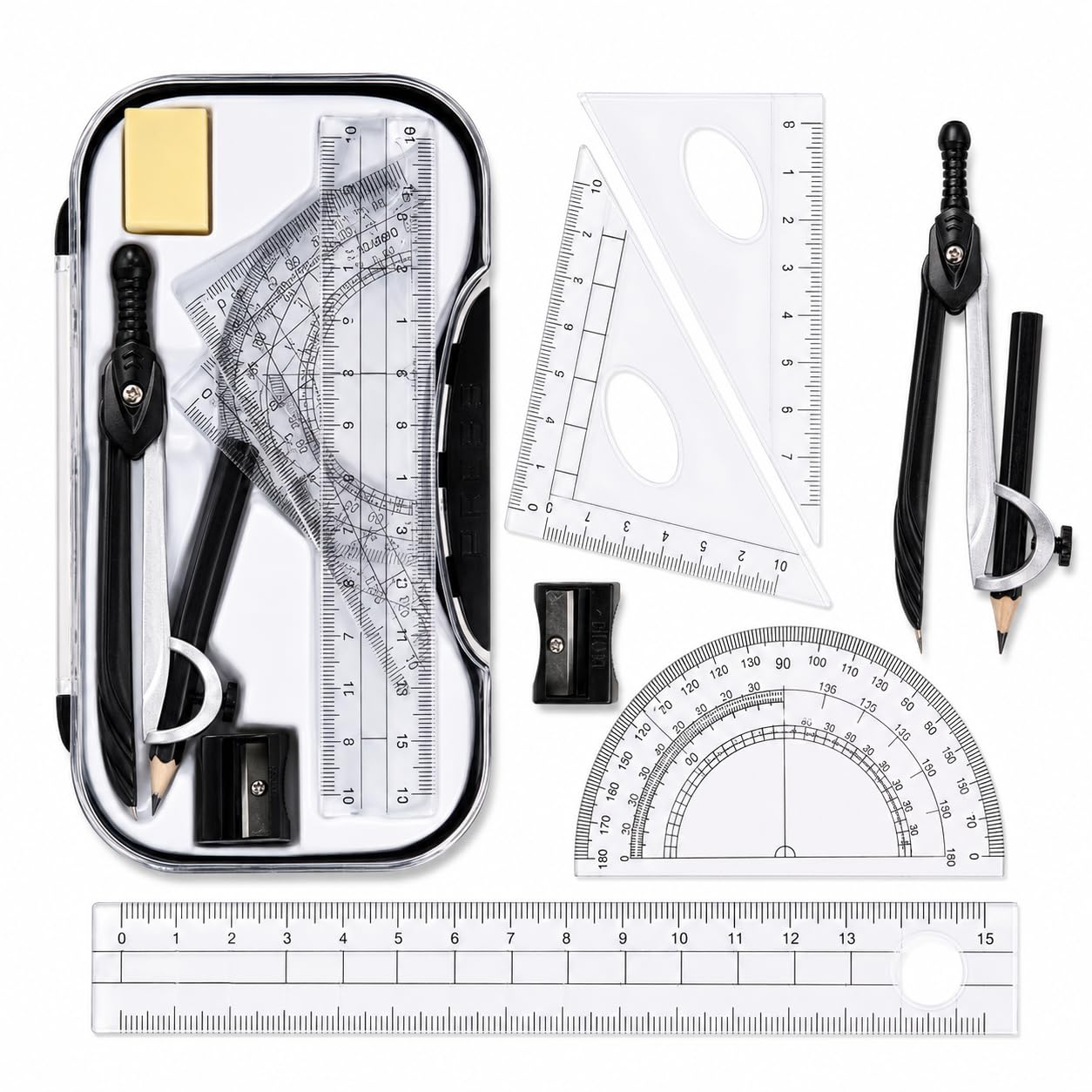 7 Piece Portable Maths Study Kit, Practical Geometry Drawing Tools