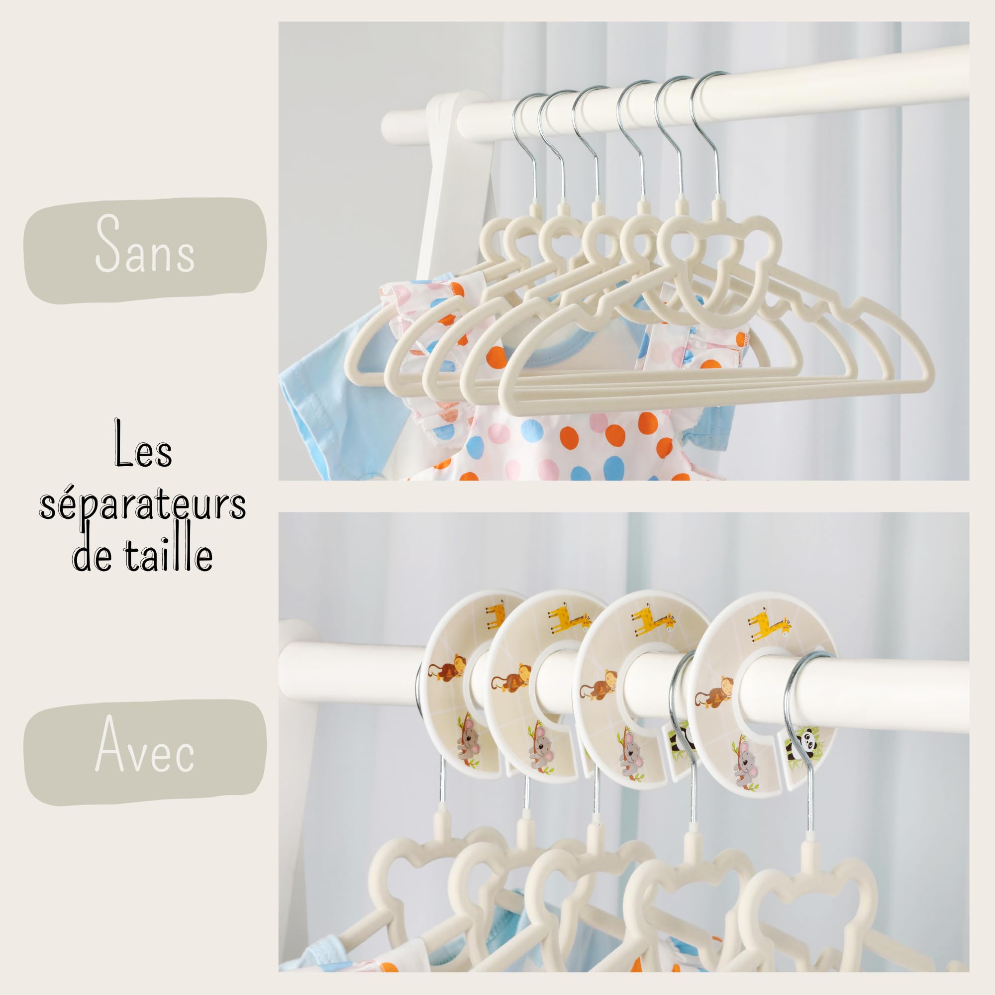 Lot de 30 cintres en Velours Haute qualité pour bébé et 4 séparateurs de Taille - Cintres pour Enfant antidérapants - Crochet pivotant à 360° - Peu encombrant pour Vestes, Robes, Pantalons, t-Shirts