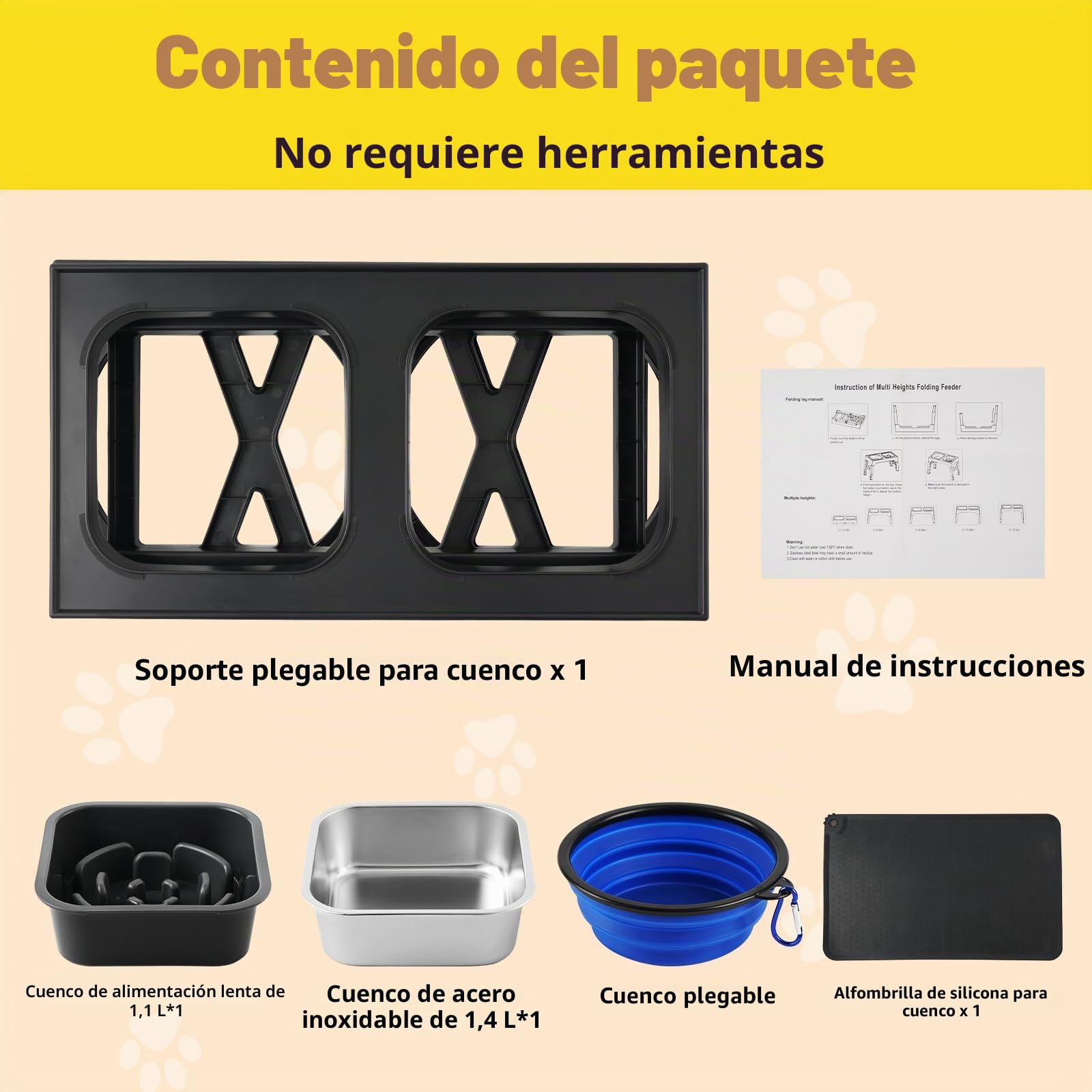 Comedero Perro Elevado y Ajustable - Acero Inoxidable 1400ml + Antiatragantamiento 1100ml + Viaje + Alfombrilla- Base Antideslizante para Perros Medianos/Grandes