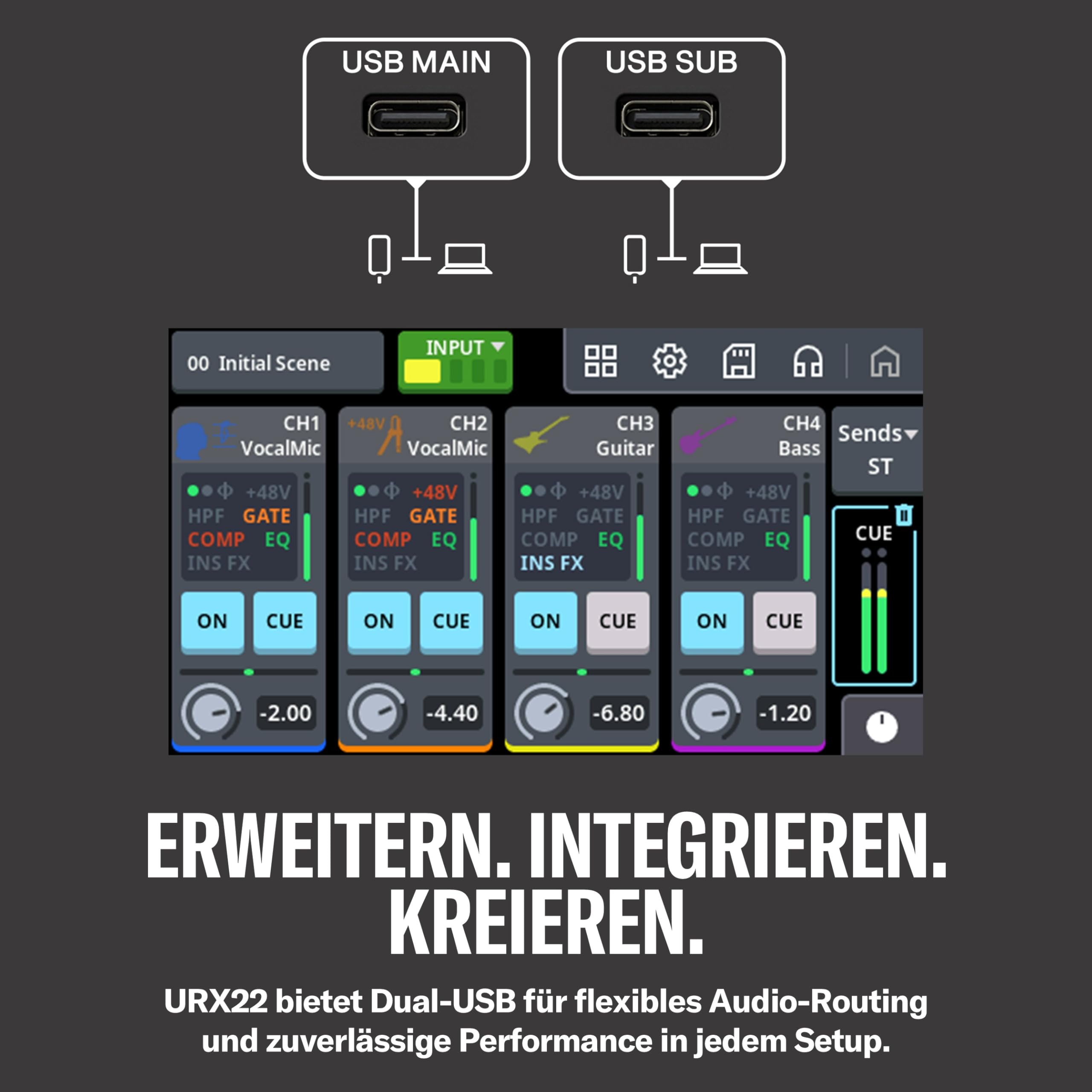 YAMAHA URX22 USB-C Audiointerface – Kompaktes 4-In/2-Out-Interface mit 32-Bit/192 kHz Audio, Touch-LCD-Steuerung, integriertem DSP-Mixing & Effekten für Kreative und Musiker – Schwarz