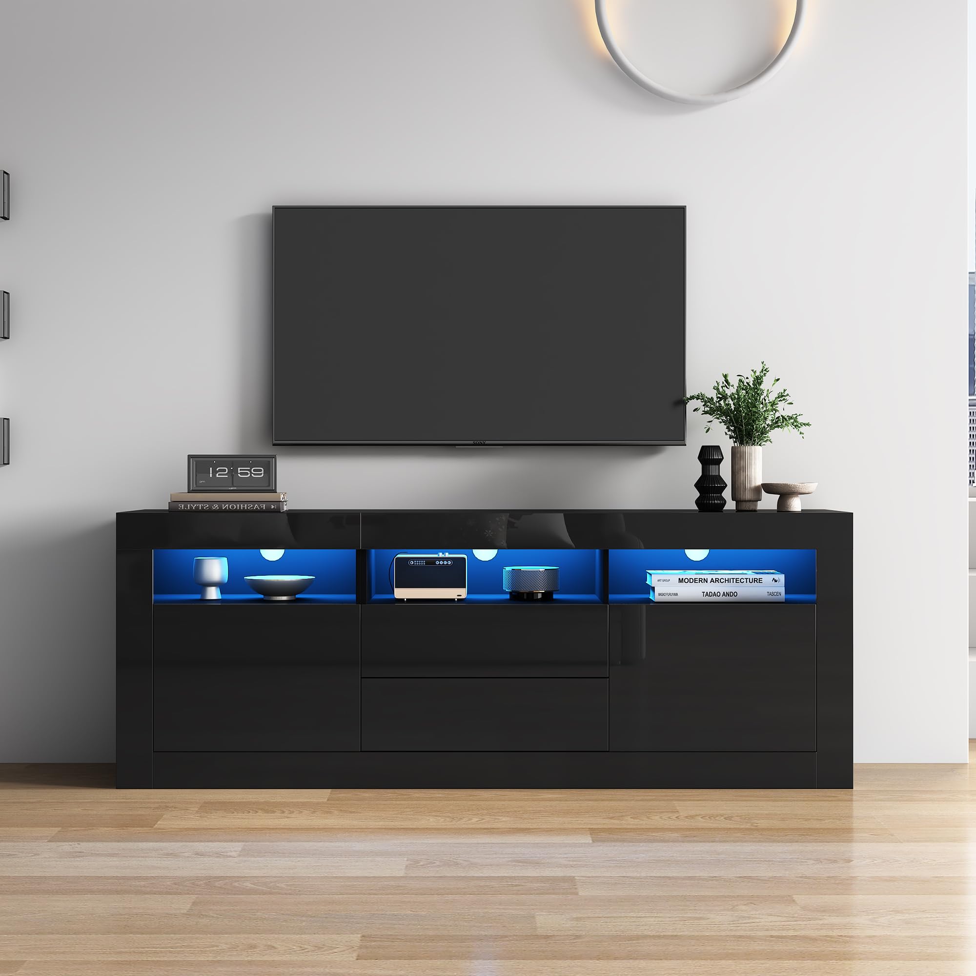 Murul, mobile porta TV con finitura lucida e illuminazione LED, 3 ripiani aperti, per televisori da 70 pollici, supporto TV lucido, 2 ante, 2 cassetti, controllo tramite app smart 160×35×60 cm (Nero)