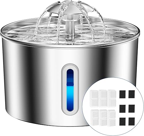 Fuente de agua para gatos de acero inoxidable  Dispensador de agua para mascotas con cable de 74 oz2.2 L, dispensador automático silencioso para