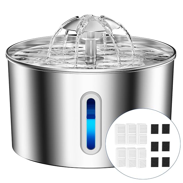 BalimoPet Fuente para Gatos Acero Inoxidable, 2,2L Bebedero Gatos con Cable Filtración Cuádruple