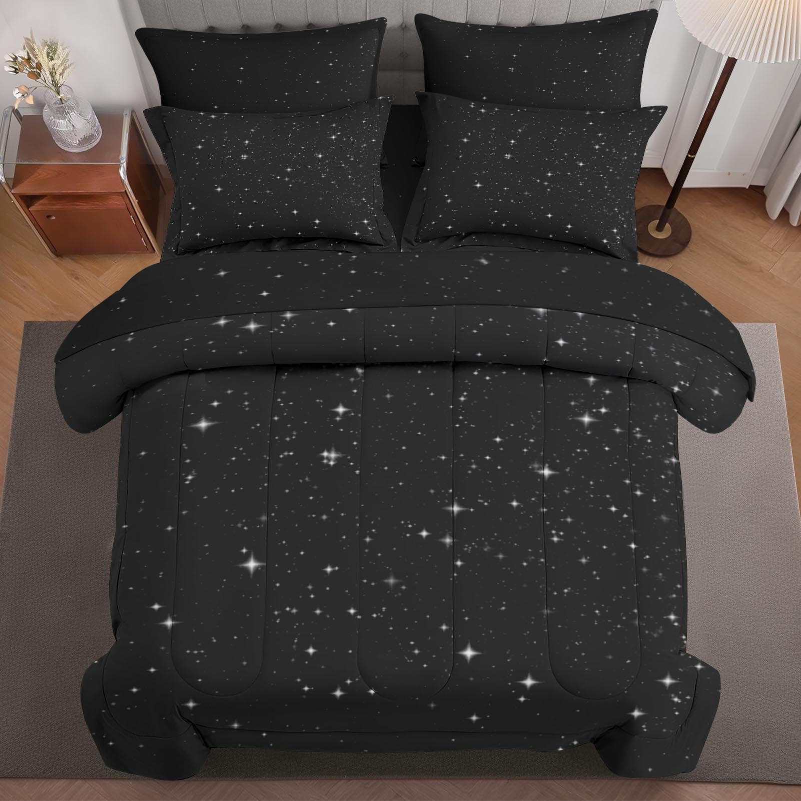 Comforter Set Queen Size, Space Starry 7 Pcs Bedding for Kids and Adults, Star Sky Bed Sheet Sets with Fitted Sheet 2 Pillowcases & 2 Shams for Bedroom Bed Decor