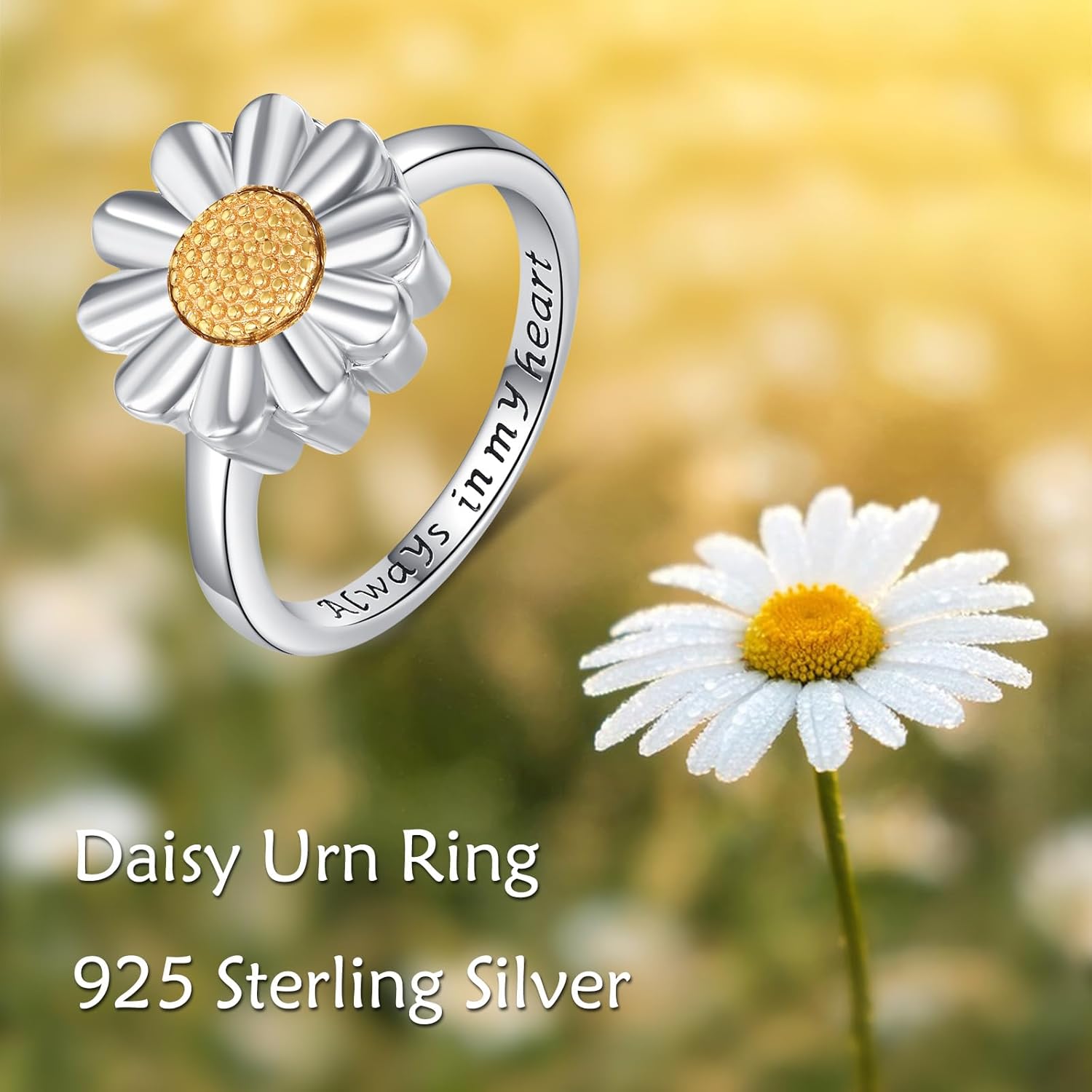 URONE Daisy Urn Ring for Ashes 925 Sterling Silver Daisy Flower Cremation Ring Keepsake Memorial Jewelry Gifts for Women