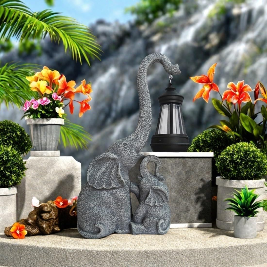 Solar Garden Outdoor Decor Statues Grey Elephant Family with Light - Outside - Outdoor Decorations Sculptures for Patio Yard Lawn Walkway Ornaments Gifts for Mom Grandma Birthday