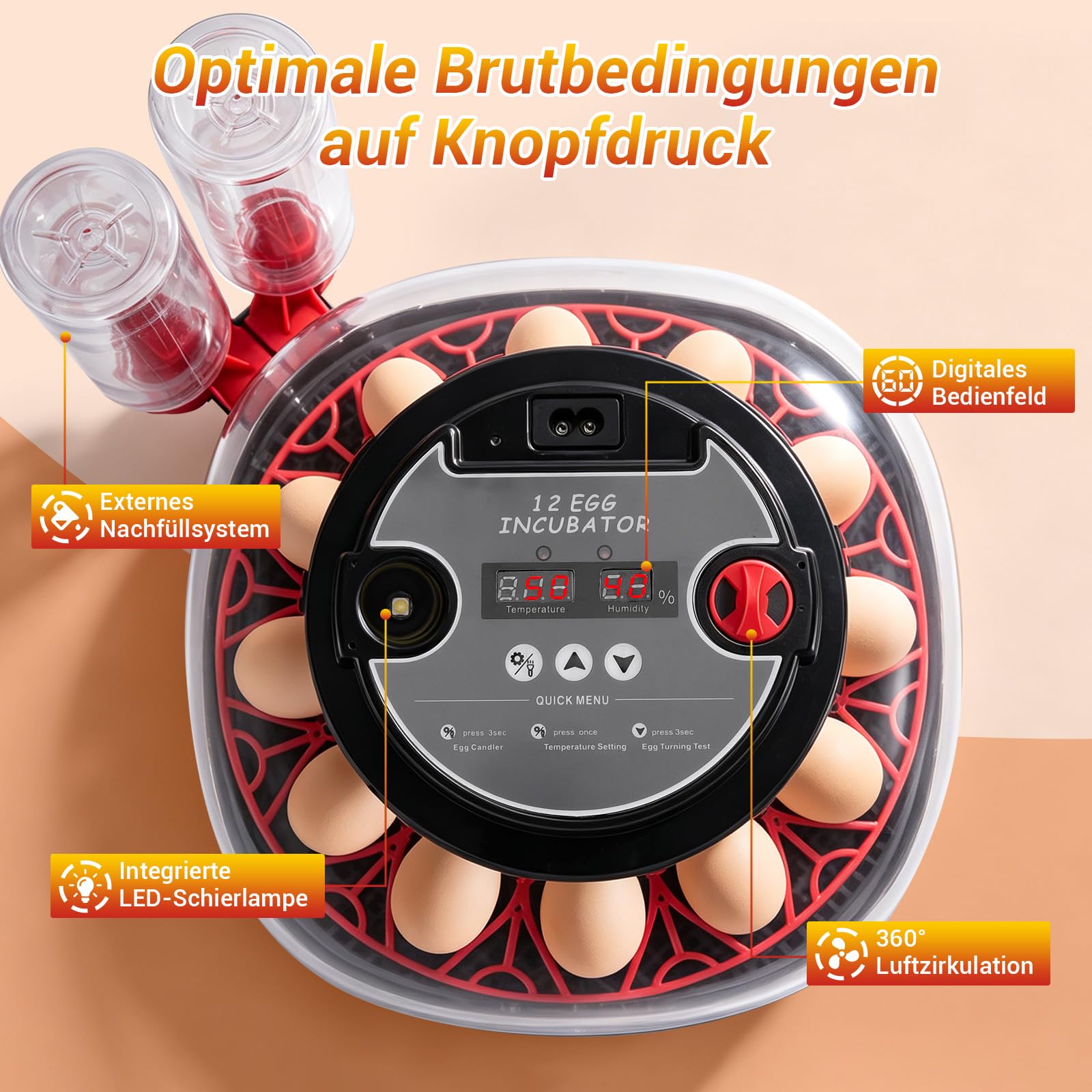 Brutautomat Vollautomatisch für 12 Eier, Digitaler Inkubator