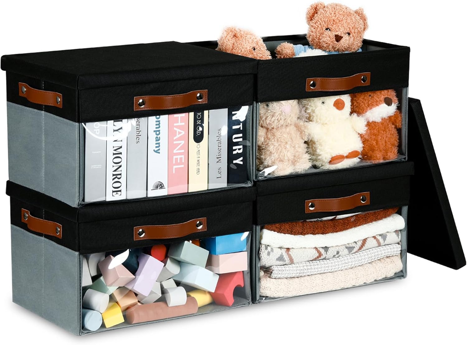Bidtakay Storage Bins with Lid Collapsible Storage Cubes with Clear Window 15 x 11 inch Fabric Closet Organizer with Handles Storage Baskets for Shelves Organization Clothes 4-Pack Black/Grey