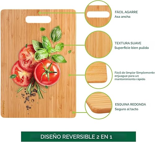 Miniatura 6 de Tabla de cortar de bambú para cocina juego de 3 tablas de cortar de madera para picar carne verduras frutas queso bandeja de servir apta para