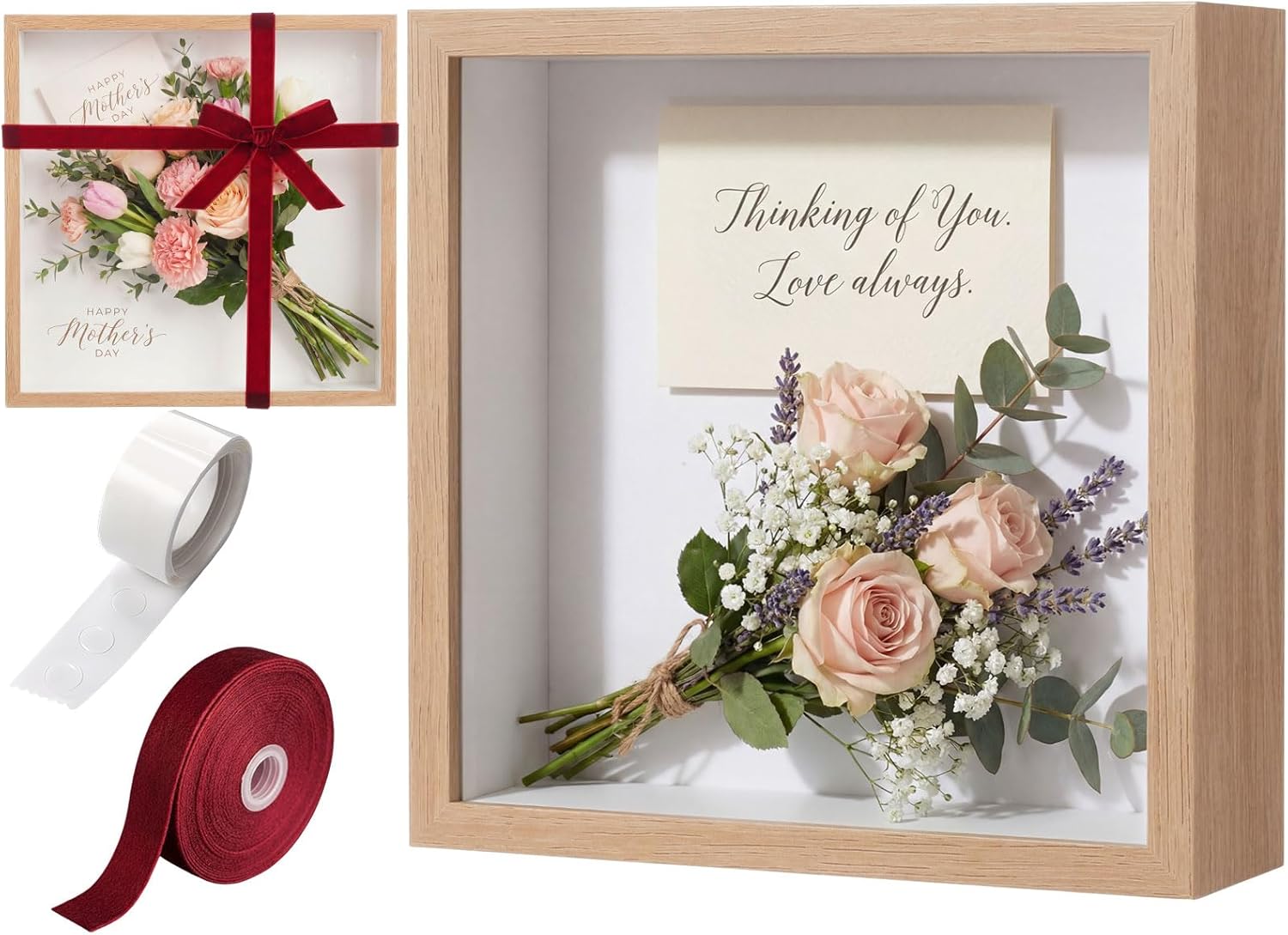 12"x12" Wedding Shadow Box Frame Flower Display Case Kit, DIY Wood Color Picture Gift Box with Lid Deep Glass Case Red Velvet Ribbon for Gift Wrapping Craft Bouquet Flower Keepsake Memory