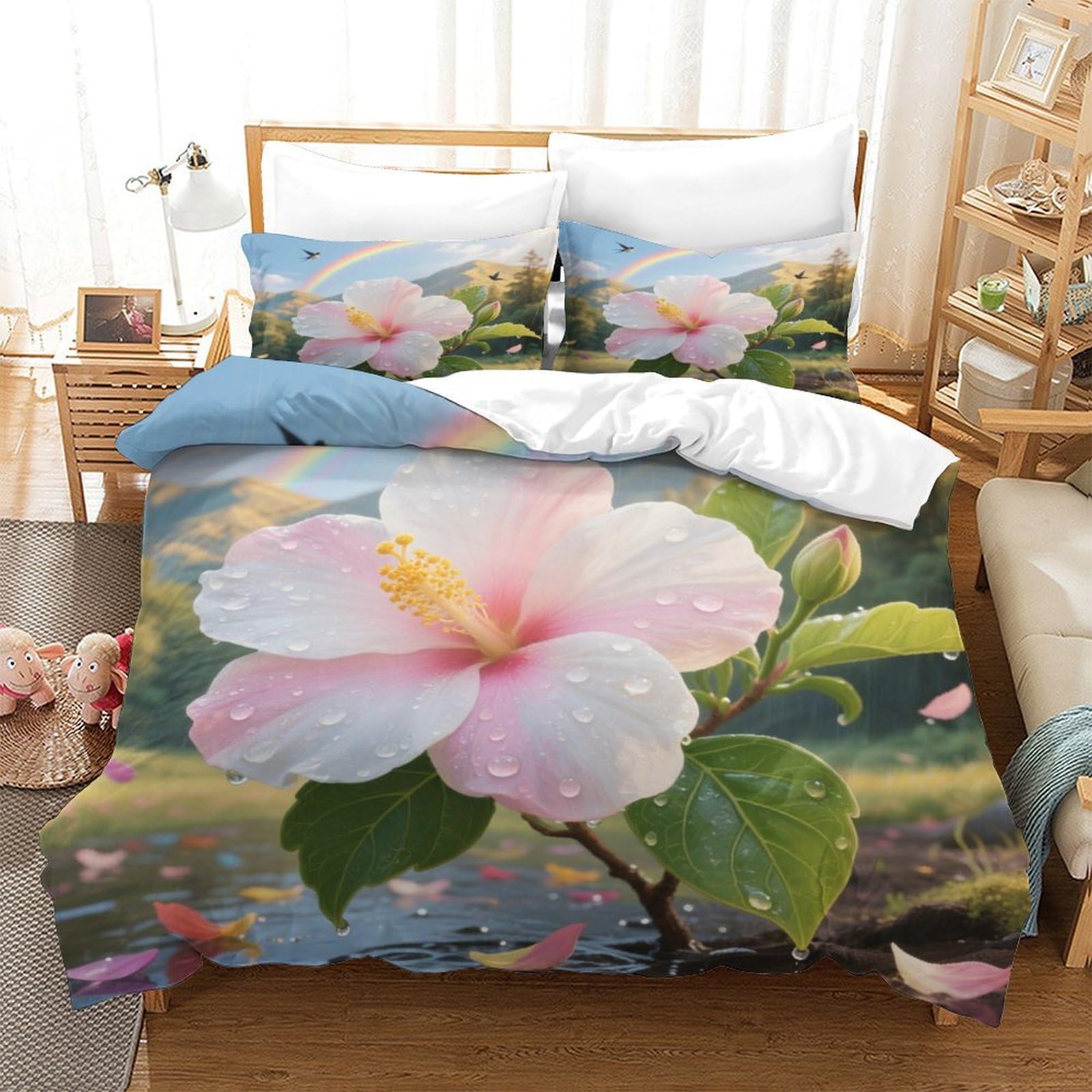 Housse de couette Hibiscus 3D 140x200 parure lit microfibre