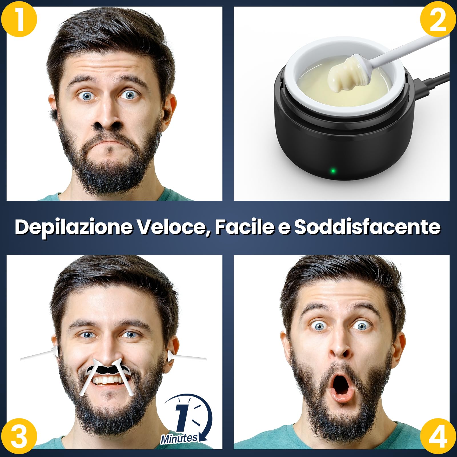 Ceretta per Naso e Orecchie per Uomo, Ceretta per Sopracciglia - Epilatore Viso con mini Scaldacera, Calore Rapido,100g Cera, 20 Applicatori, Depilazione Naso, Orecchie, Sopracciglia per Uomo e Donna
