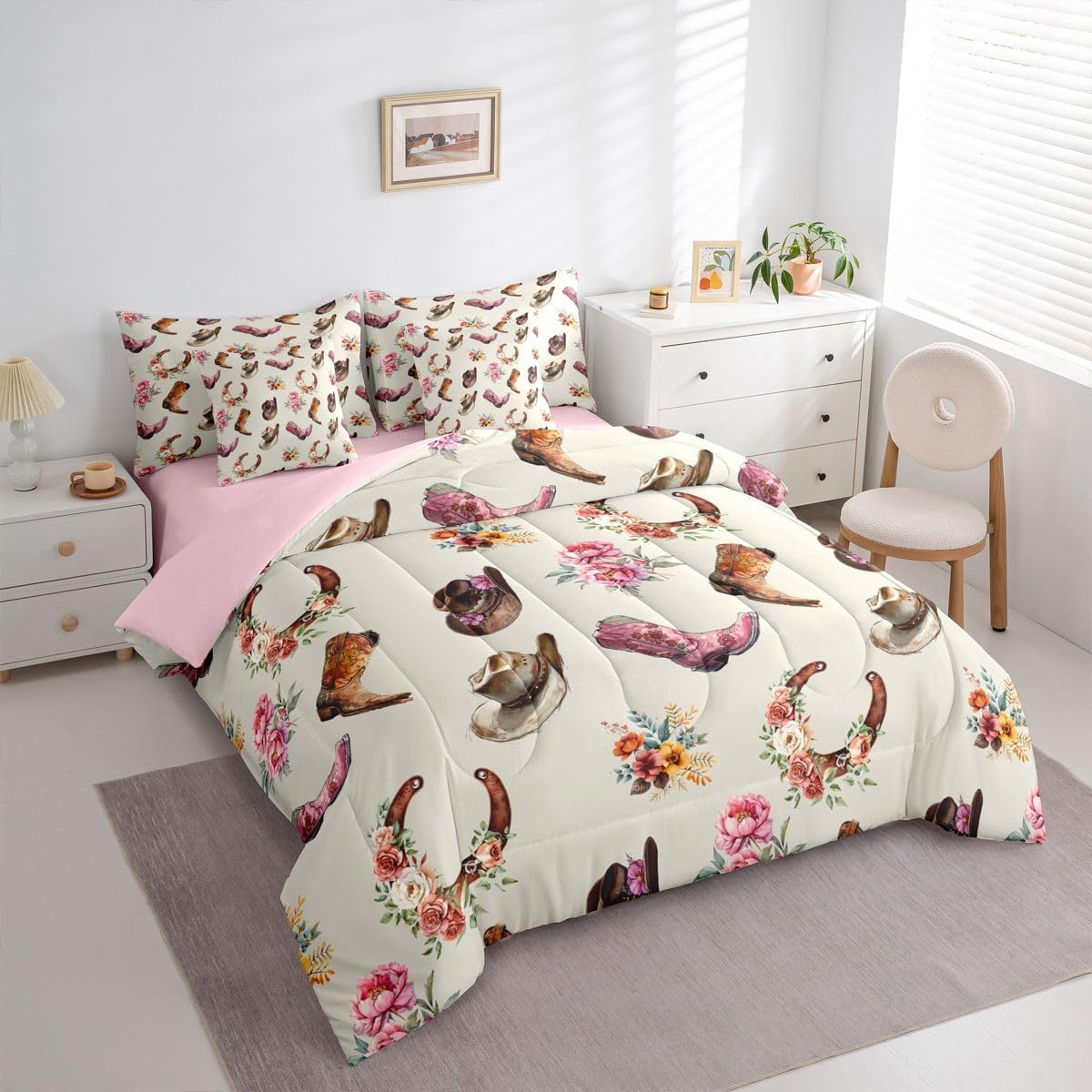 Erosebridal Floral Horseshoe 7-Piece Bedding Set Full Size for Farmhouse | Cowgirl Hats Boots Bed in a Bag Teen Girl Cute Western Comforter Set with Sheets Western Boho Floral Duvet Insert