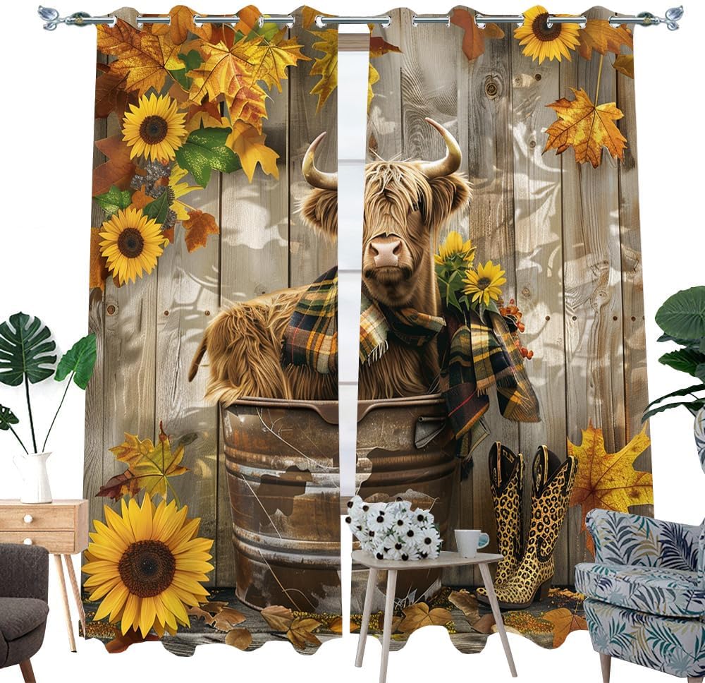 Brebasf Watercolor Rustic Highland Cow Blackout Curtains for Bedroom Room,Vintage Farmhouse Wooden Sunflower Cowboy Boots Highland Cow Darkening Thermal Grommet Window Drapes 2 Panels 63"L x 21"W