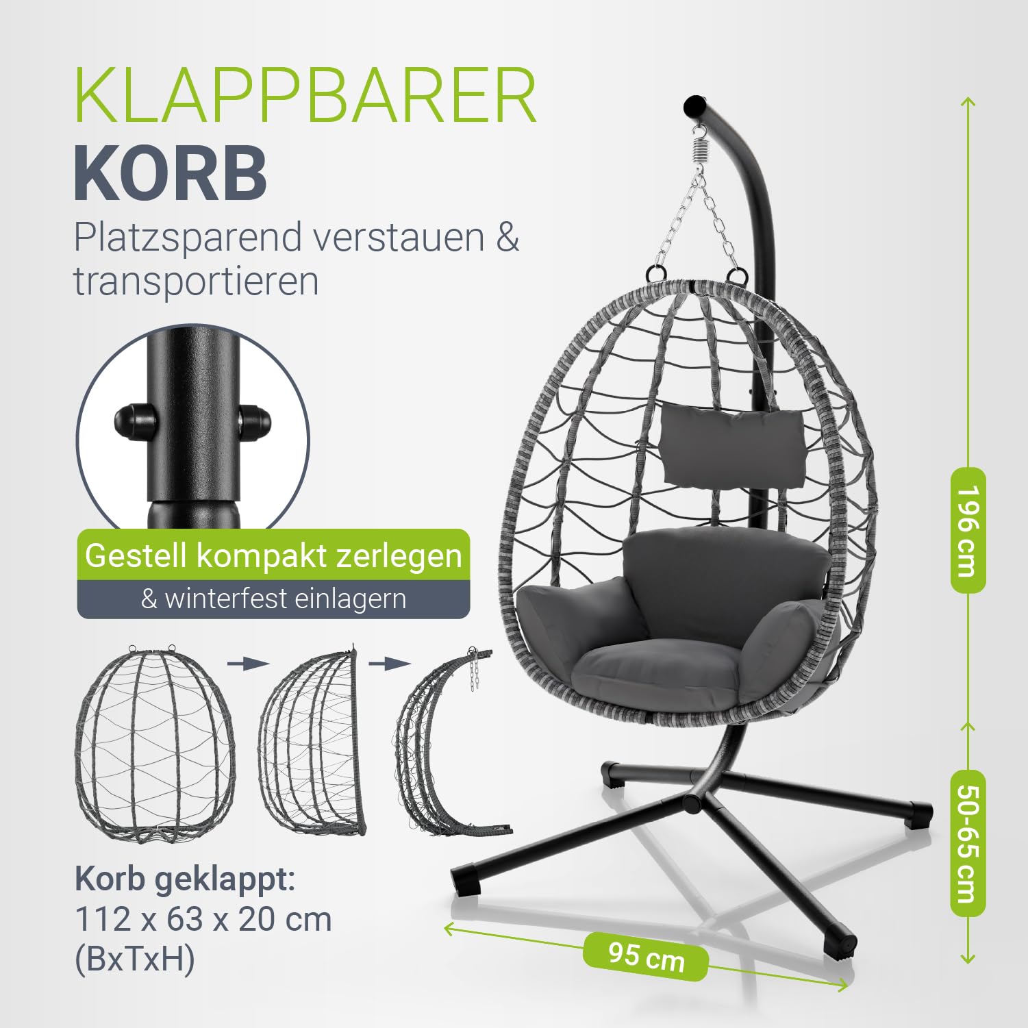 Juskys® Hängesessel Aria mit Gestell höhenverstellbar, faltbar & ergonomisch - Outdoor & Indoor - bis 130 kg - Polyrattan Korbhängesessel inkl. Kissen - Grau