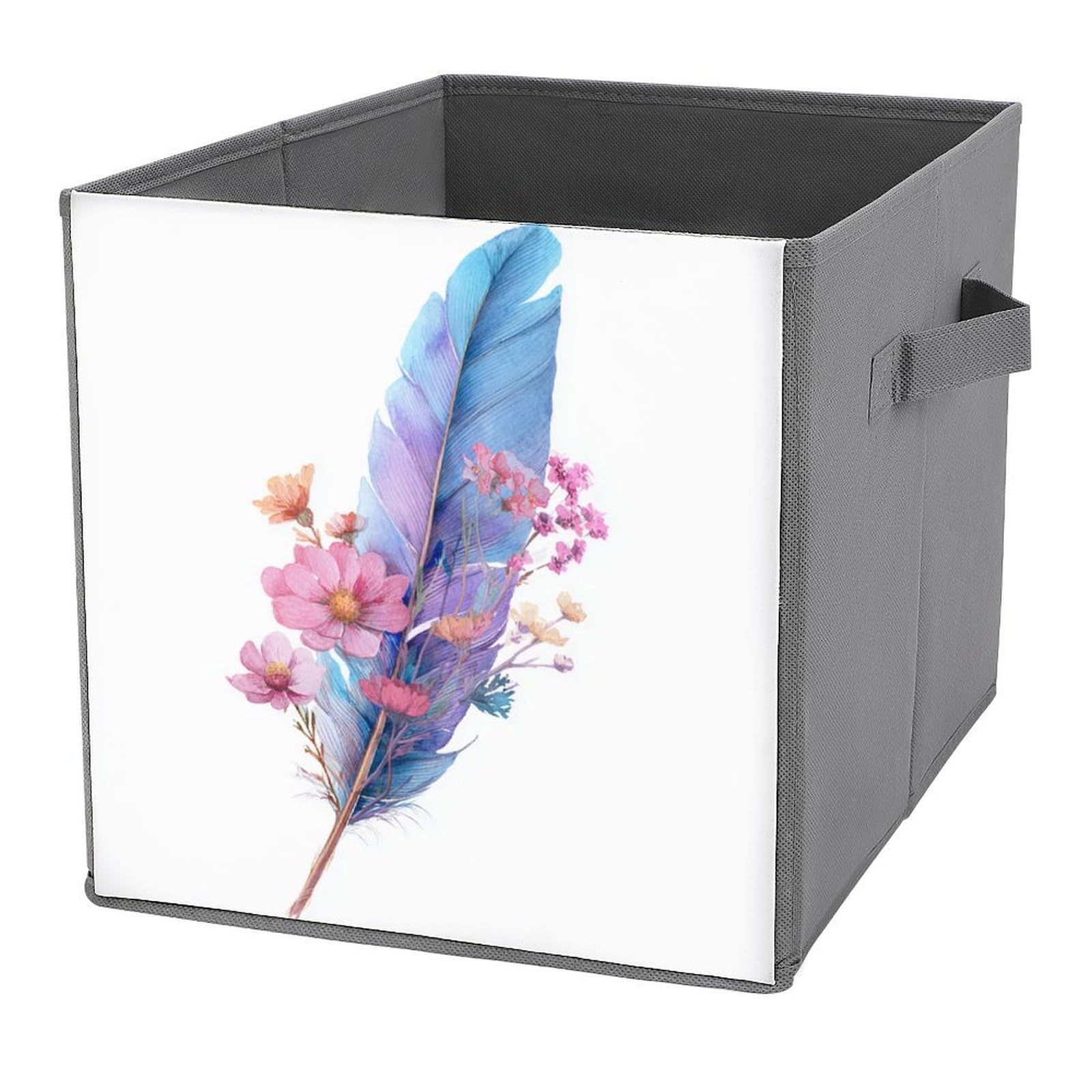 Jubonexis Watercolor Blue Feather with Wildflowers Cube Storage Bins Storage Cubes Foldable Decorative Fabric Storage Baskets Home Organizers with Handles for Shelves,Closet, 27x27 CM