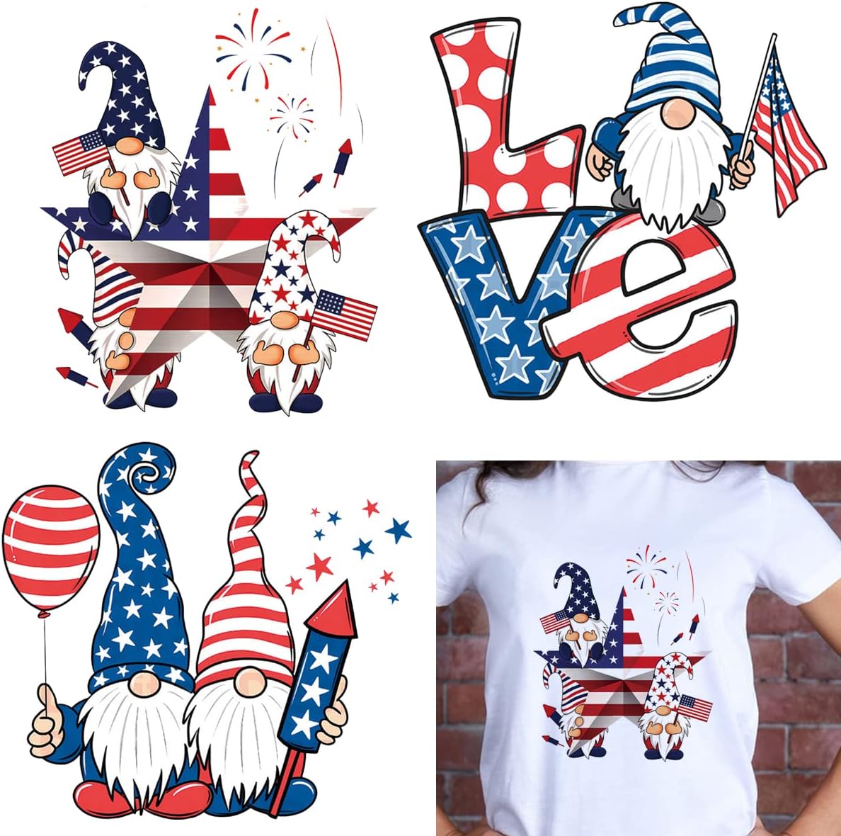 4th of July Iron on Patches Decals American Flag Gnome