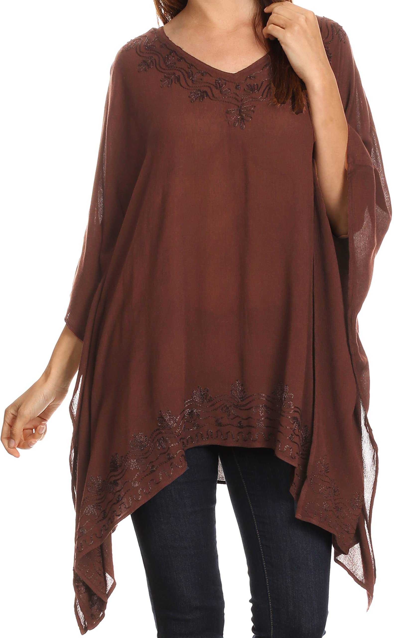 Sakkas K2022S - Wren Lightweight Circle Poncho Top Blouse with Detailed Embroidery - Brown - OS
