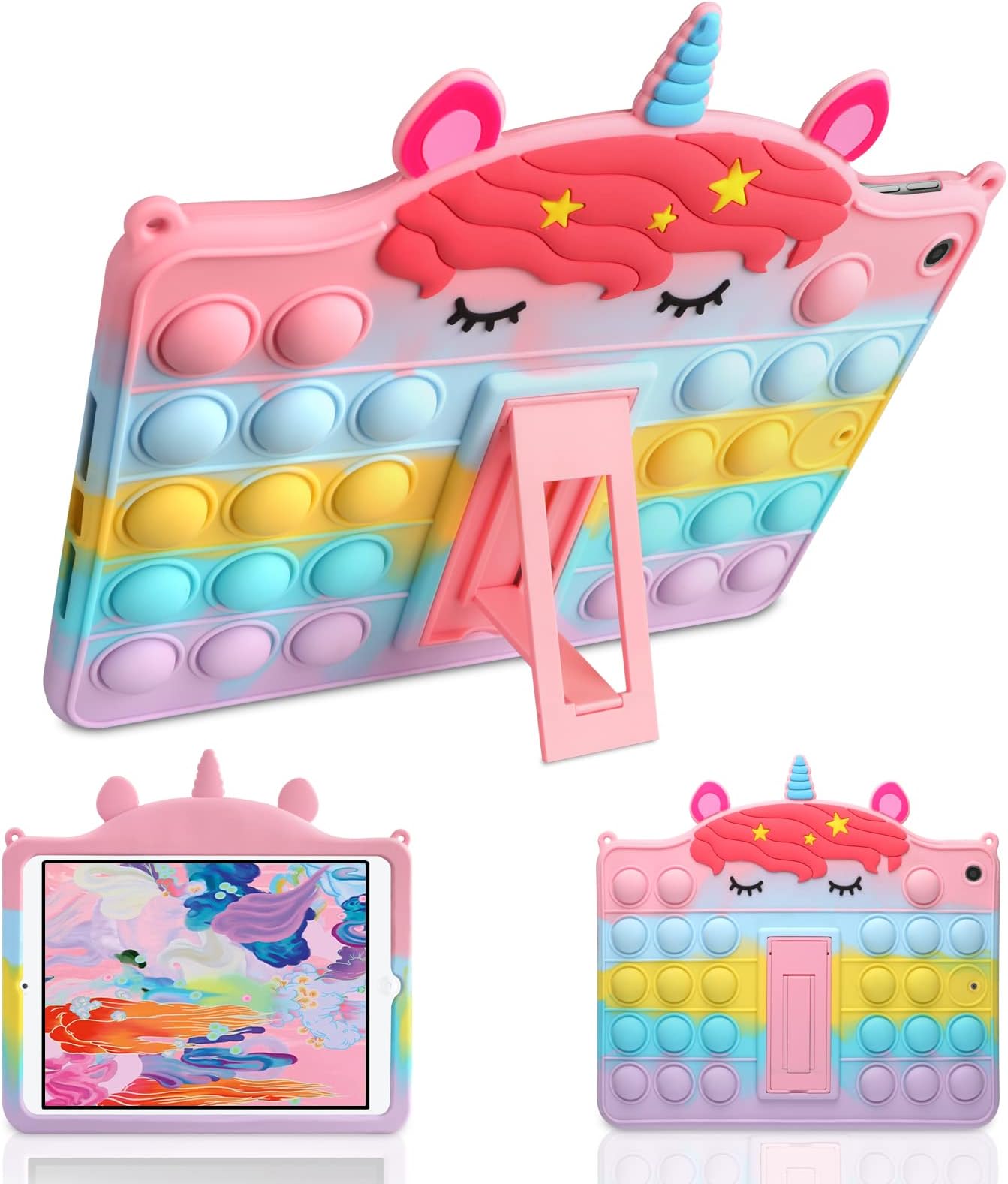 WESADN iPad 第6世代用ケース iPad 2018/2017 9.7インチ キックスタンド付き ガールズ レディース シリコン フィジェット バブルケース キュート レインボー ユニコーン ポップ 保護ホルダー タブレットカバー iPad 9.7用ケース
