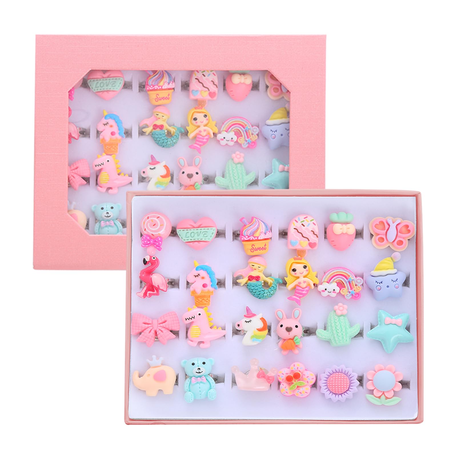 PASEMM 24pcs Little Girl Jewel Rings in Box, Adjustable, No Duplication Kids Play Ring,Pretend Play and Dress Up Ring for 4-12 Year Old Girl Birthday Gifts, 3 4 5 6 7 8 9 10 11 12 Year Old Girl Toy