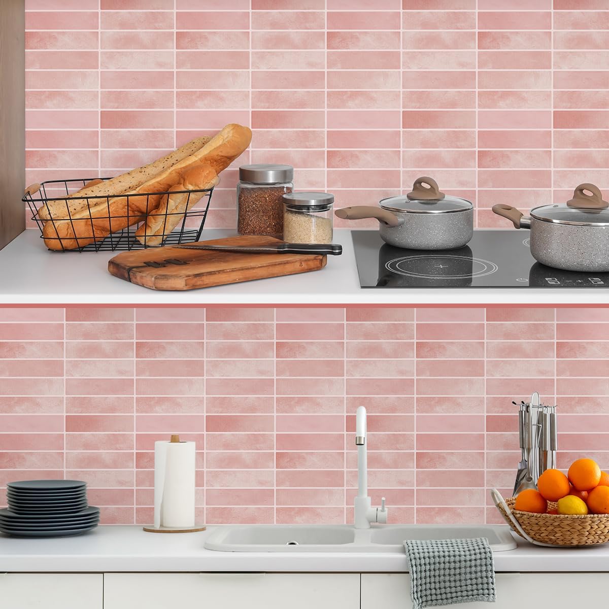 Peel and Stick Backsplash 3D Wall Tiles,Self-Adhesive,Oil Proof,Waterproof, Removable Wall Panels for Kitchen & Bathroom,Modern Design, Easy Install (10.7ft，12x9 inch,14 Pack) (Pink)